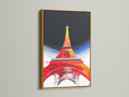 The Eiffel Tower art shines in a luxurious gold frame. The gold frame brings opulence and elegance. Enhance your abstract city art with a touch of gold. Our gold frames are perfect for creating a statement piece.