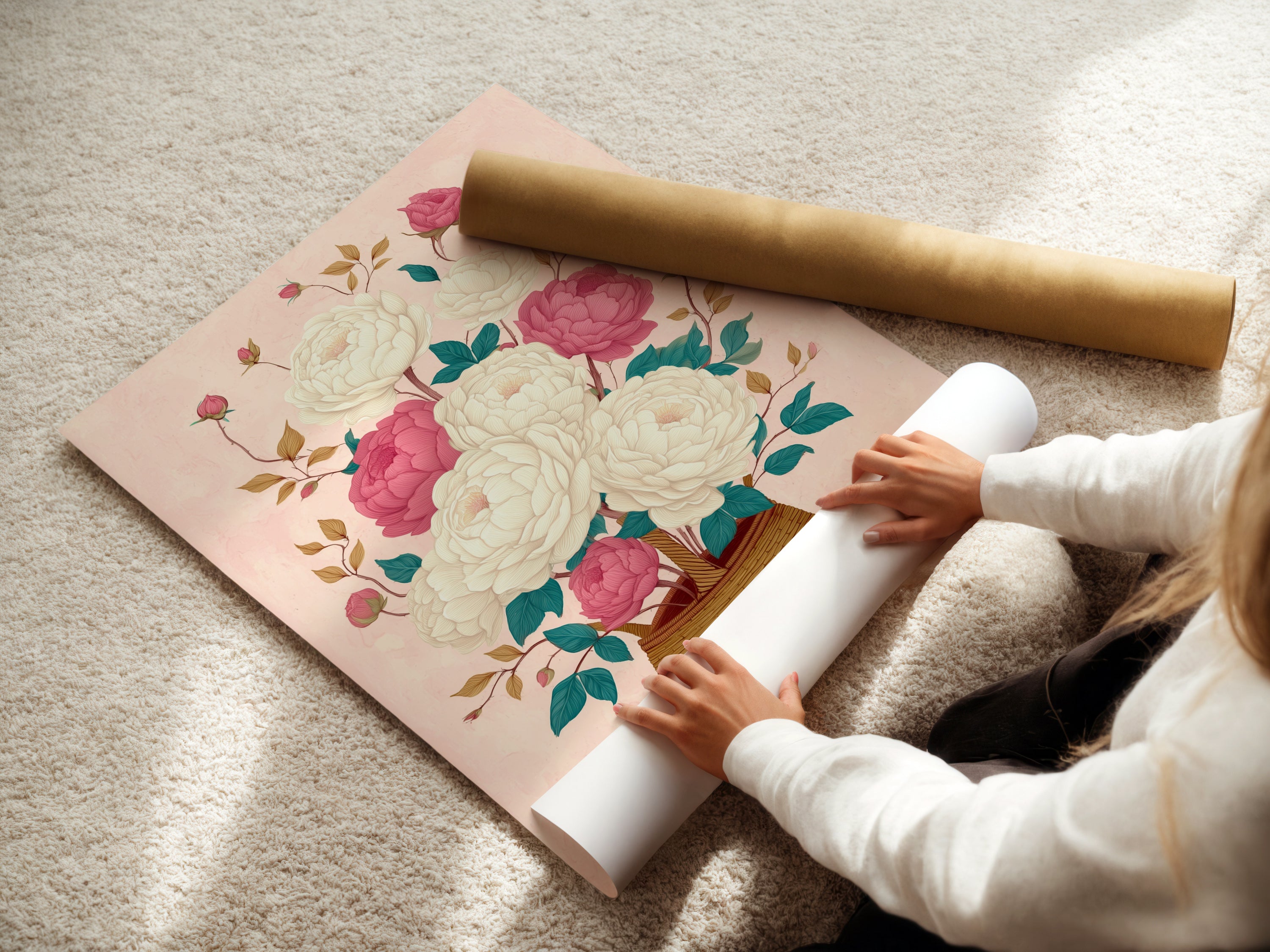 A woman carefully rolling a fine art poster paper print. Our high-quality prints ensure your artwork looks stunning. Experience the beauty of our floral canvas art and botanical prints. Perfect for any space.