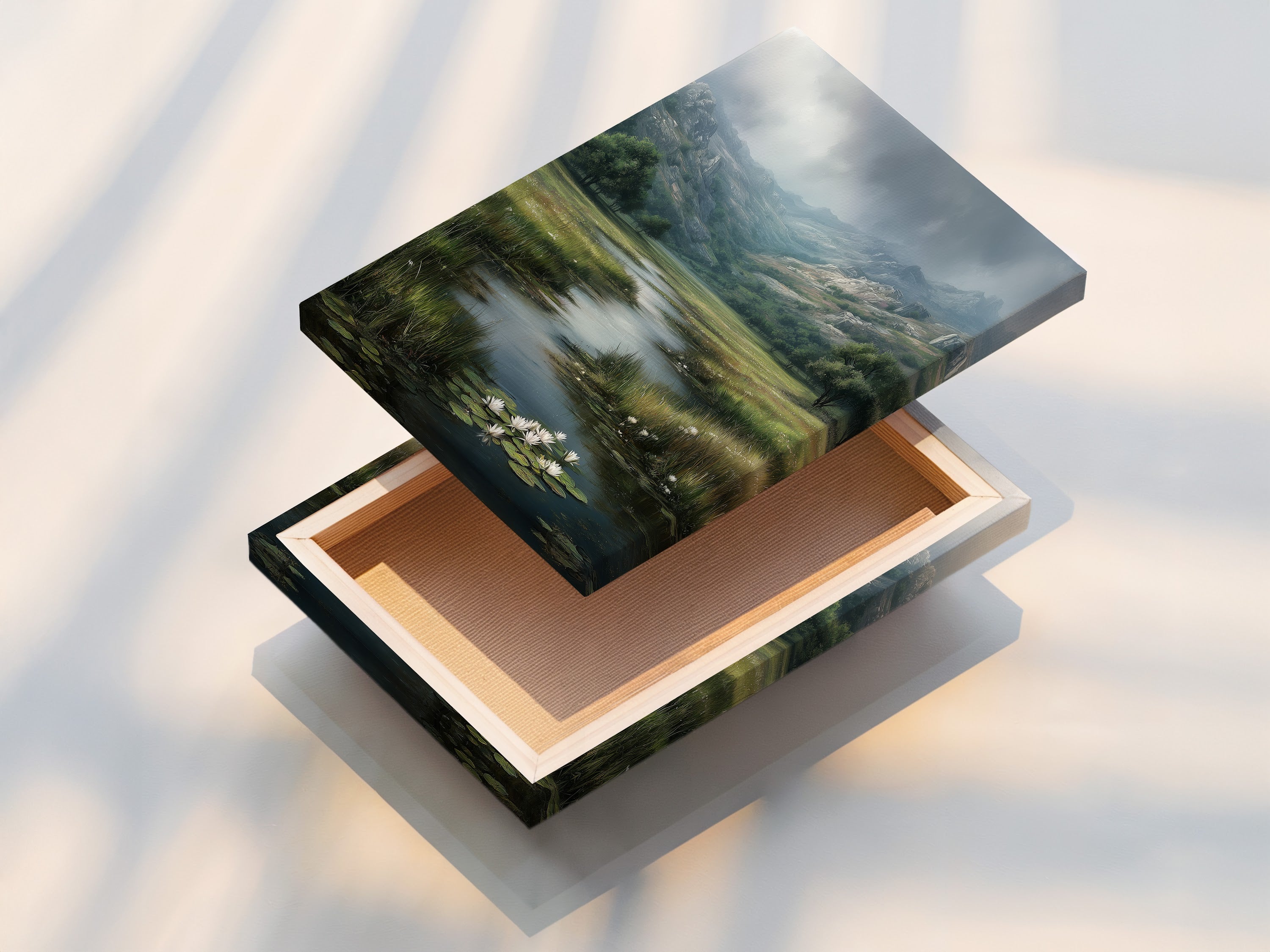 Mountain Valley Stream Art - Serene Landscape Painting, Nature Wall Decor, Peaceful River Scene, Home Office Artwork, Framed Print