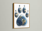 Gold frame displaying a luxurious artwork. The art shows a paw print made of Earths. The gold frame offers a touch of elegance and glamour. This artwork adds a sense of sophistication to any space. The golden frame complements the colors beautifully. Ideal for creating a high-end aesthetic.