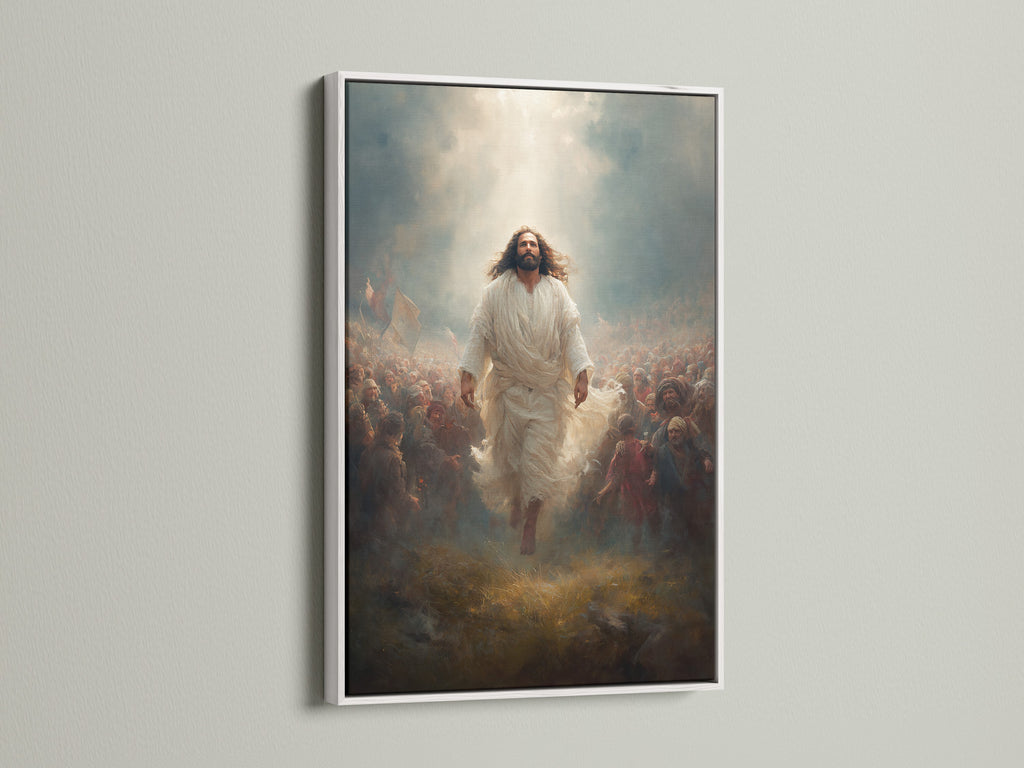 Discover the serenity of Jesus Christ artwork in a white frame. This christian wall art brings peace to any room. Religious decor suitable for a church office. It is a faith canvas print reflecting spiritual artwork. Enhance Christian home decor.