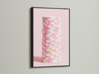 Abstract geometric canvas print in a black frame. The pink pastel wall art offers a modern touch. Great minimalist art for sophisticated office wall decor. This contemporary artwork stands out in any setting.