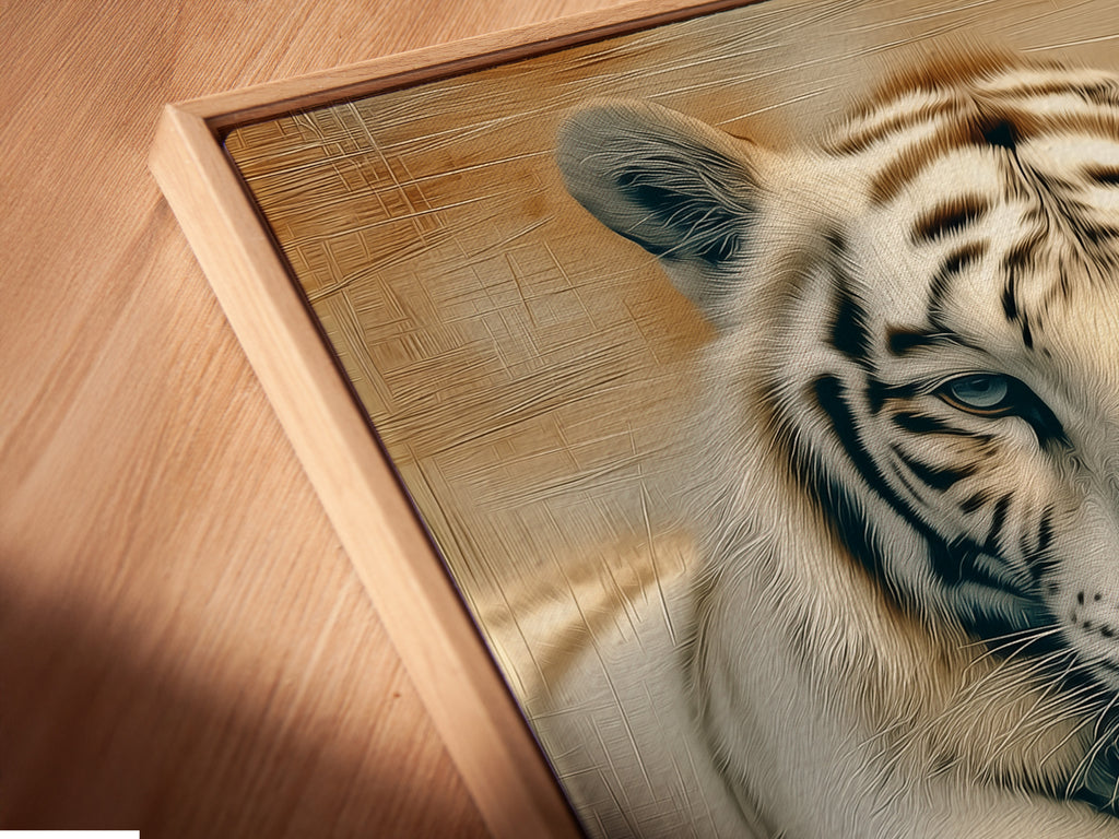 A close up angled view of a canvas print in a floating frame. The white tiger artwork appears to float off the wall. The animal photography is a contemporary piece for home or office wall decor.