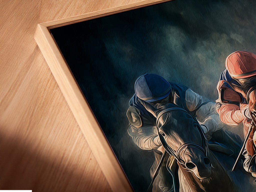 Angled close-up of a canvas print in a floating frame. The artwork shows a horse race. The floating frame gives the illusion that the canvas is floating. It adds a modern and sophisticated touch to the artwork. Great for a minimalist look.