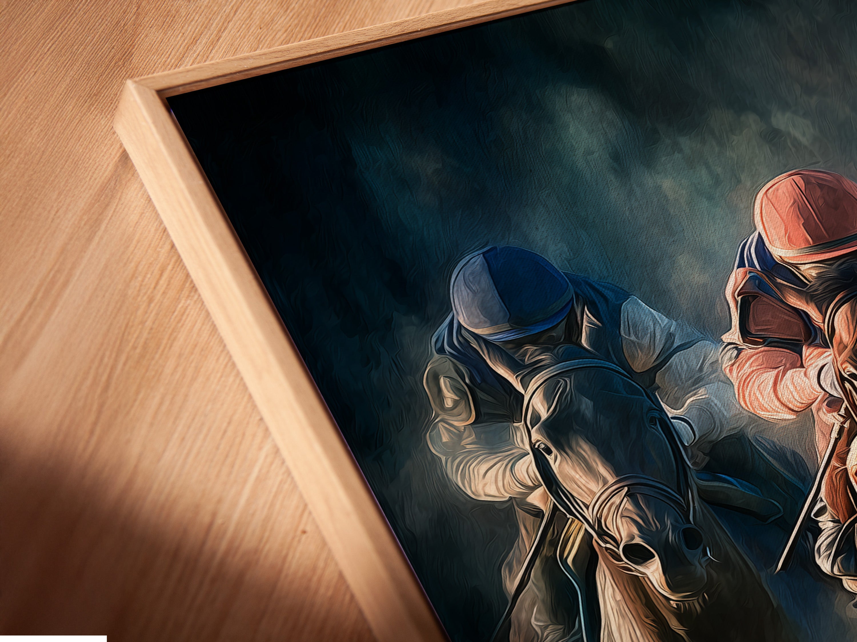 Angled close-up of a canvas print in a floating frame. The artwork shows a horse race. The floating frame gives the illusion that the canvas is floating. It adds a modern and sophisticated touch to the artwork. Great for a minimalist look.