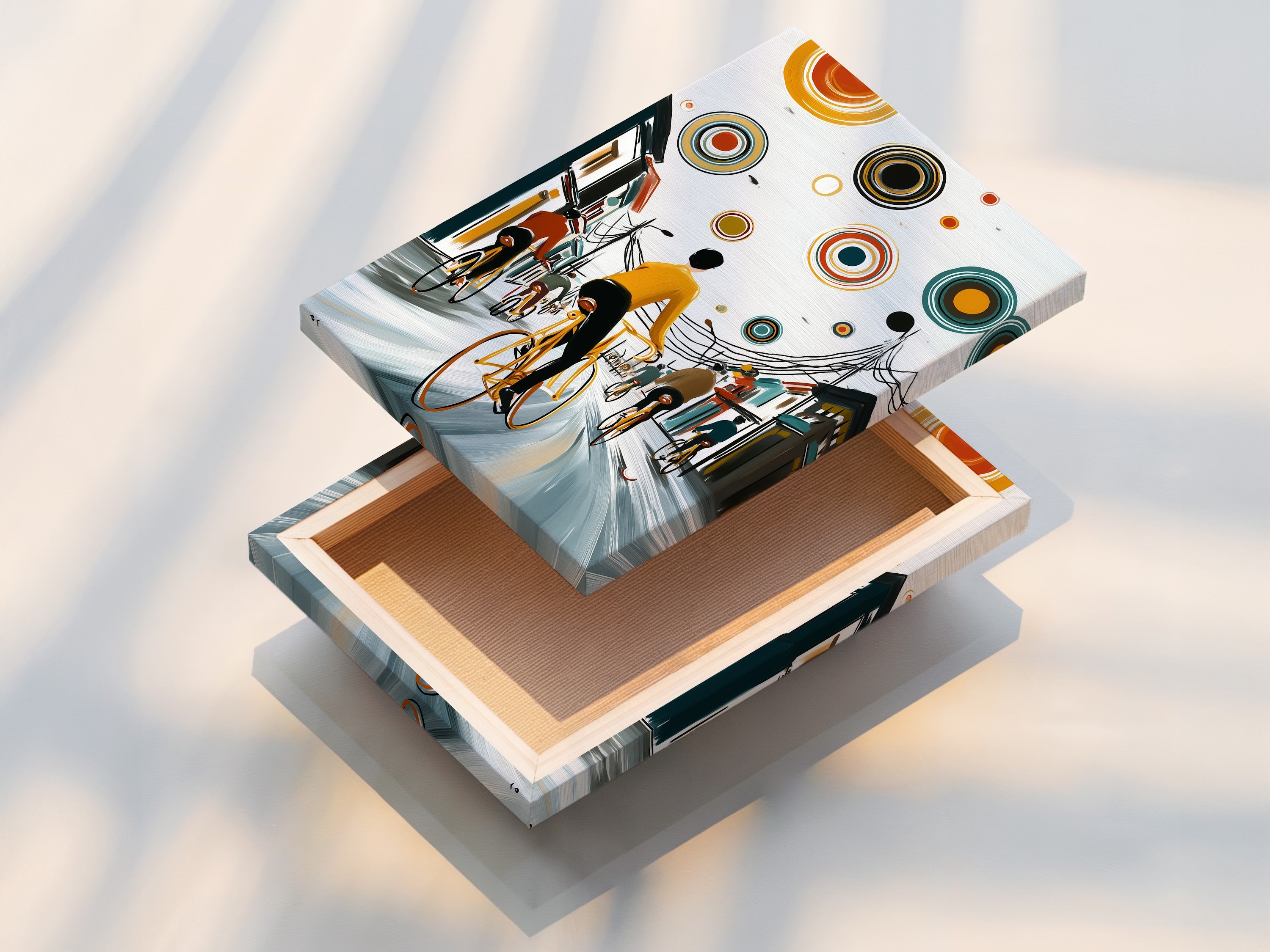 A stretched canvas print of the City Cyclists artwork is showcased. The teal and orange hues pop. The canvas provides a gallery-ready look. Perfect for adding a modern touch to any interior space.