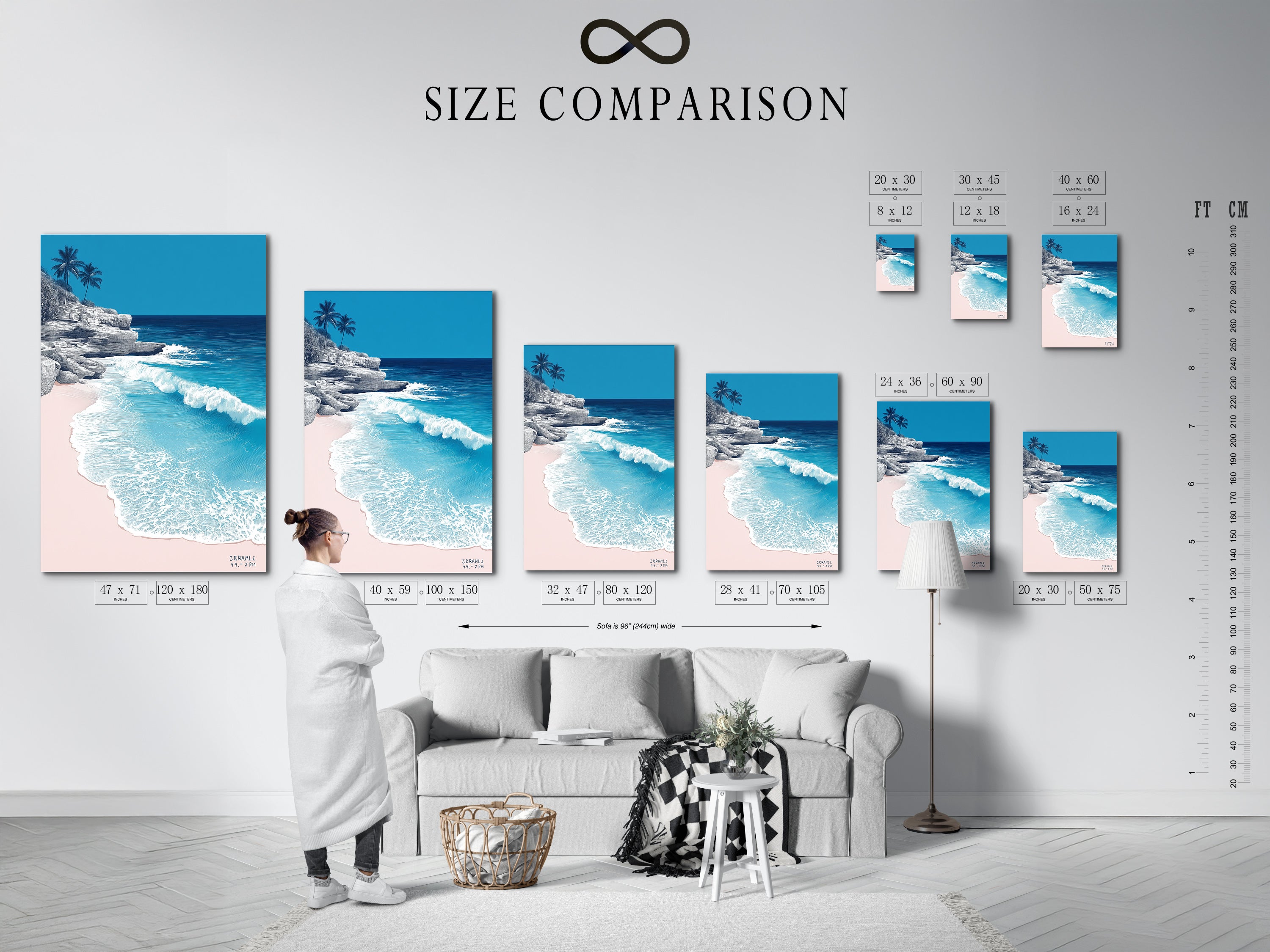 Size comparison chart displayed in an interior setting. Visualize how our tropical beach artwork fits your space. Choose from various sizes to suit your decor needs. Find the perfect coastal print for your home today.