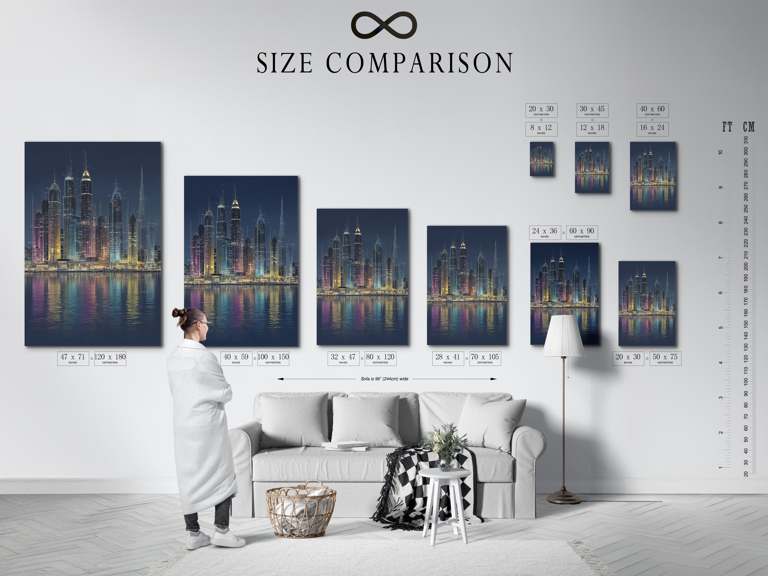 A size comparison chart displayed in an interior setting. See the various sizes available for the city skyline artwork. Choose the perfect dimensions for your space. Ideal for planning your office wall decor or living room art. This chart helps visualize the impact of each cityscape print. Find the right fit for your modern urban aesthetic.