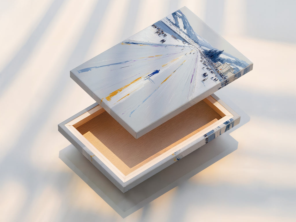 This image showcases a stretched canvas print of the Winter Cityscape artwork. The snowy street print is ready to hang and enjoy. Perfect for minimalist Scandinavian coastal rustic or industrial styles. Add a touch of winter to your living room bedroom or office.