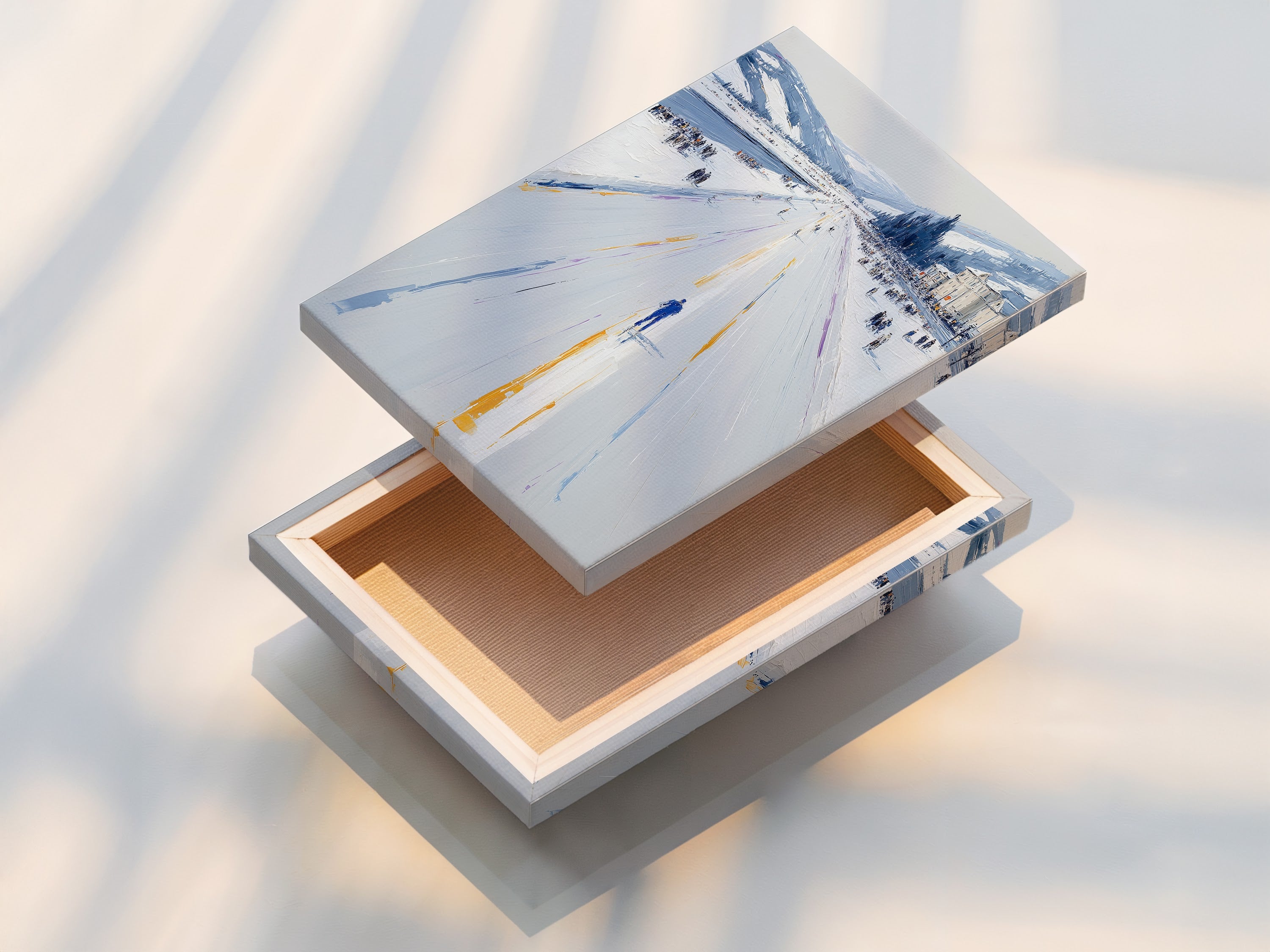 This image showcases a stretched canvas print of the Winter Cityscape artwork. The snowy street print is ready to hang and enjoy. Perfect for minimalist Scandinavian coastal rustic or industrial styles. Add a touch of winter to your living room bedroom or office.