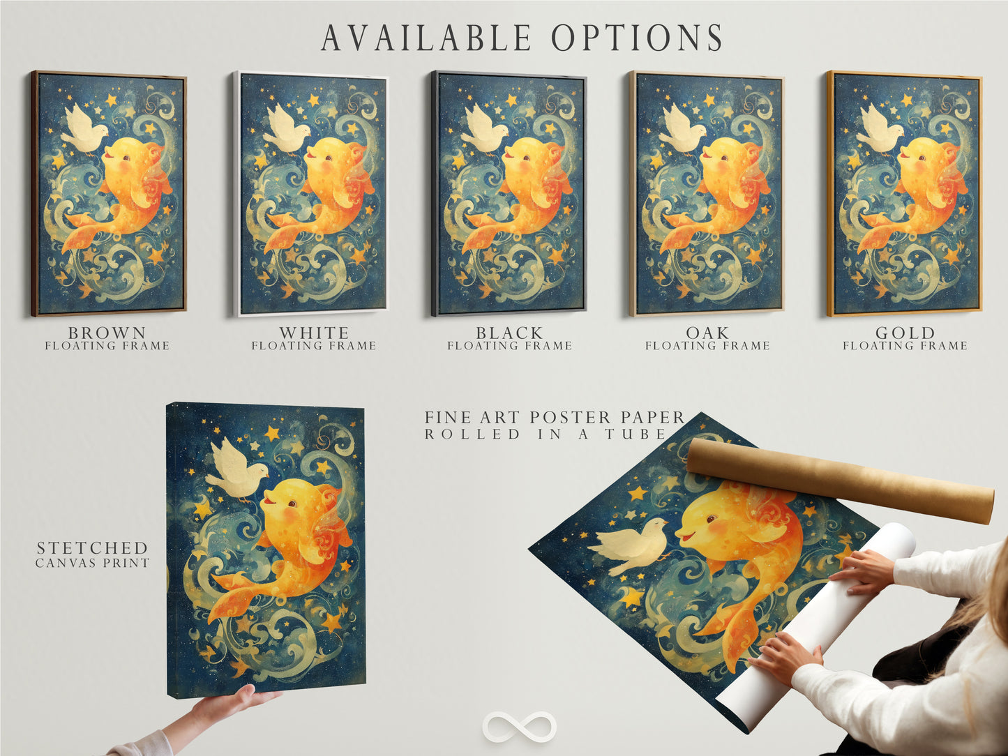 Explore available options for the Celestial Goldfish artwork. Choose from a stretched canvas print a fine art poster paper or a floating frame. This nautical wall art is perfect for any kids room. Each option enhances the whimsical marine artwork. Select the perfect style to match your decor.
