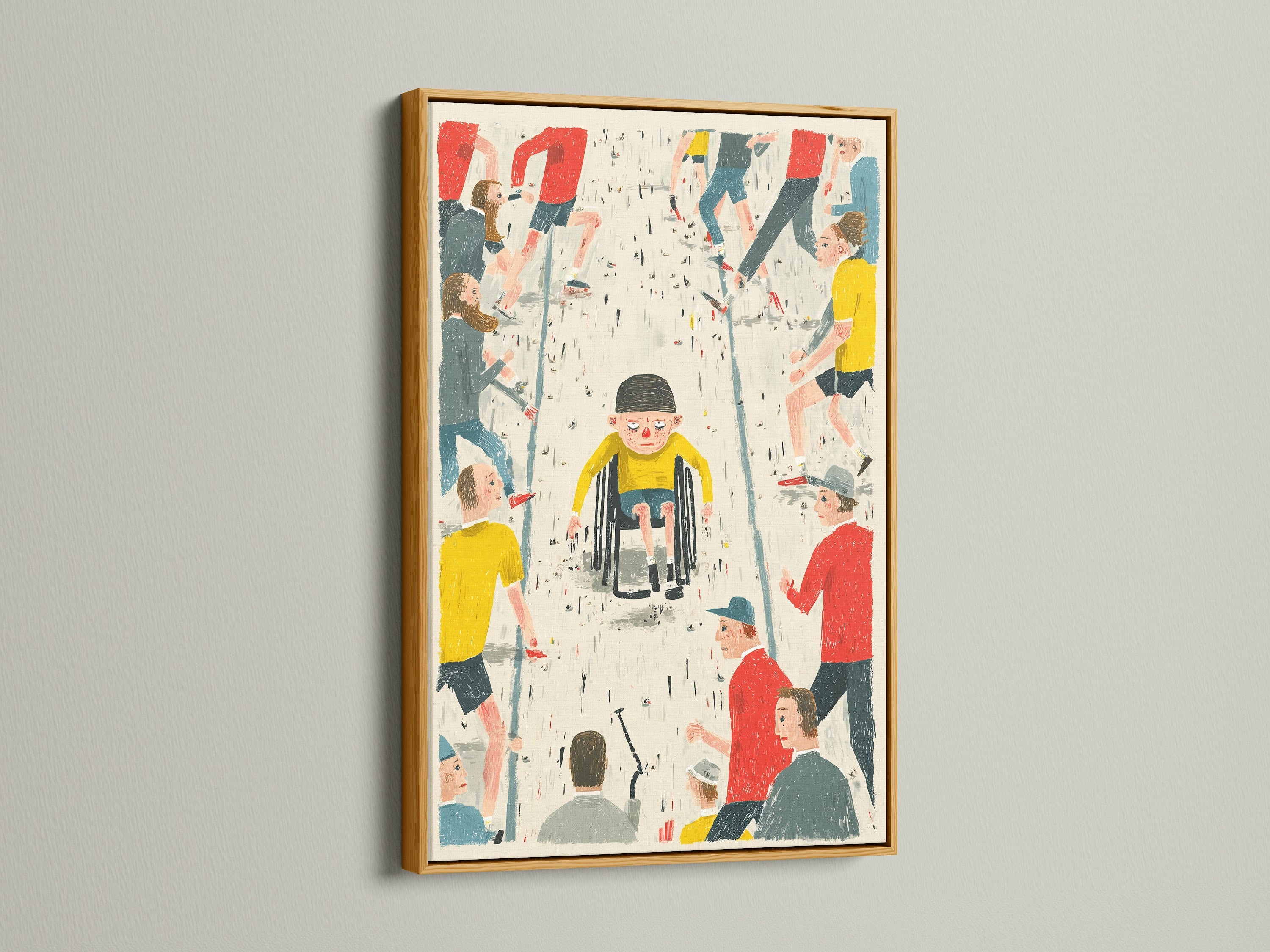 A gold frame showcases inclusive wall art with a focus on wheelchair accessibility. The artwork depicts a child in a wheelchair among a diverse community. It is a symbol of unity and equality. This inspirational print is perfect for therapists teachers and social workers.