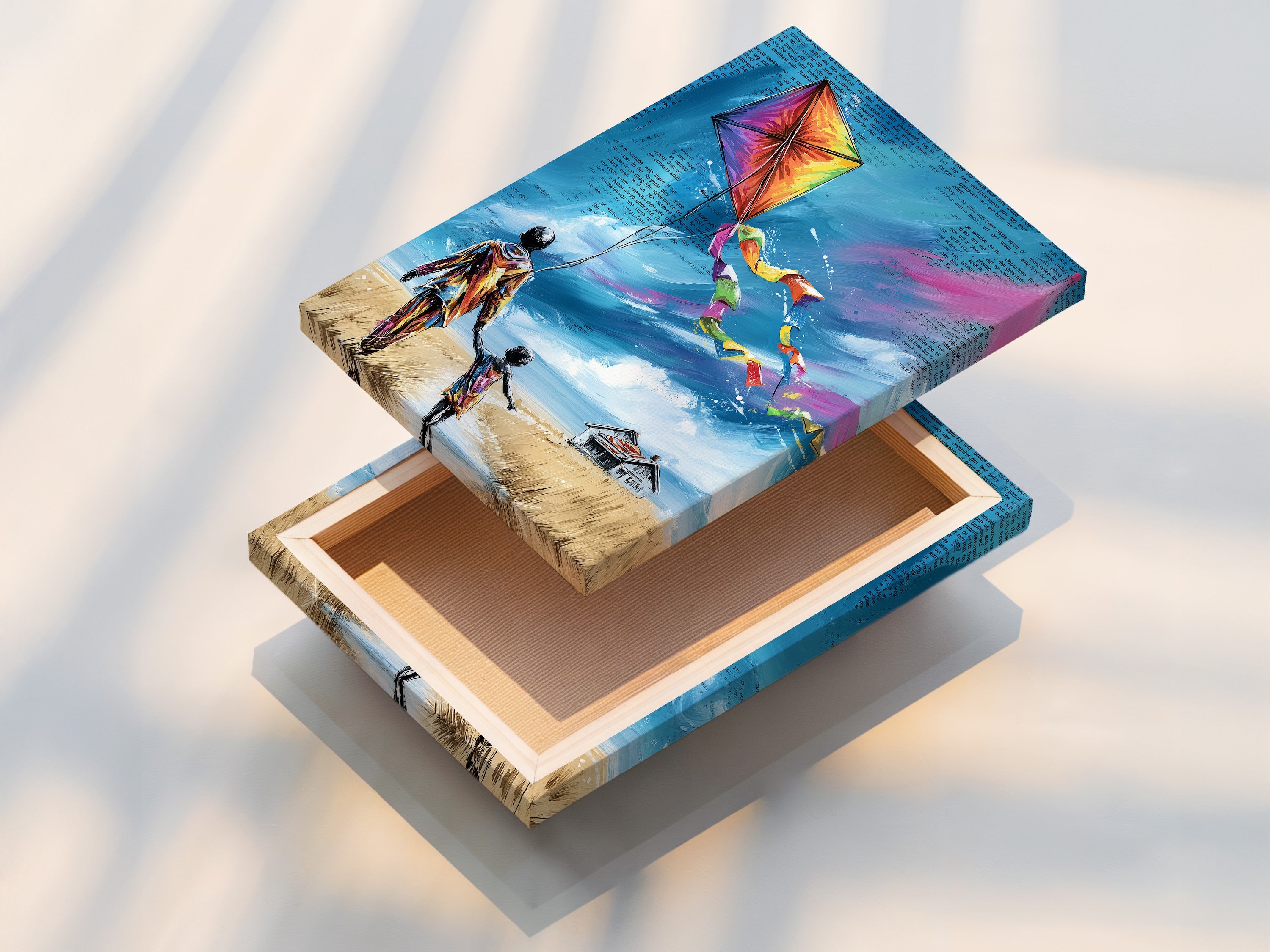 This showcases a stretched canvas print of the kite artwork. The canvas is stretched perfectly displaying the artwork's colorful details. The stretched canvas provides a clean gallery-ready look. It is perfect for adding a touch of whimsy and color to your living space. The art shows a child and adult figure.