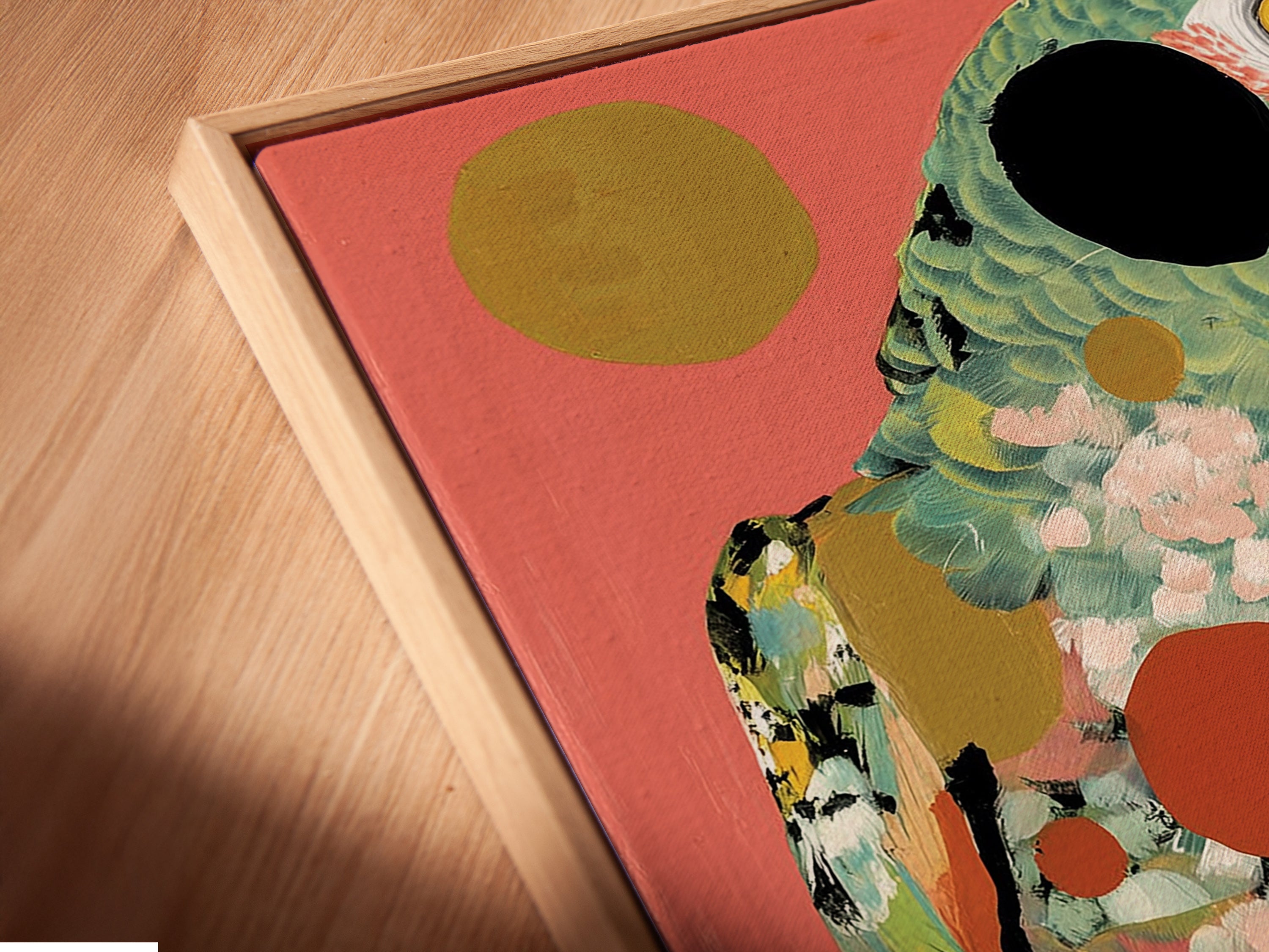 A close-up shot reveals the Parrot DJ art print in a floating frame. The canvas appears to float creating a modern look. This retro turntable canvas print gains depth. The floating frame enhances this piece of music wall decor. Showcase your artwork.