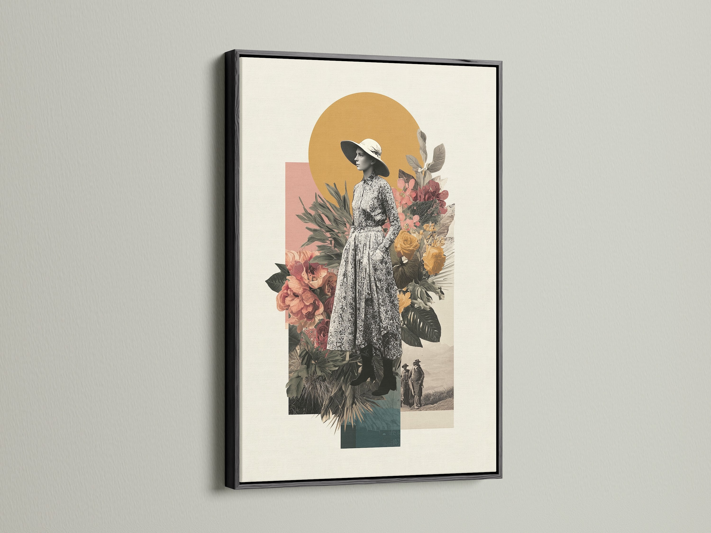 Boho woman botanical wall art in a black frame. This retro fashion canvas print features a vintage collage. The black frame creates a striking contrast with the artwork's beige and brown tones. Elevate your living room wall art with this unique piece. It suits modern aesthetics.