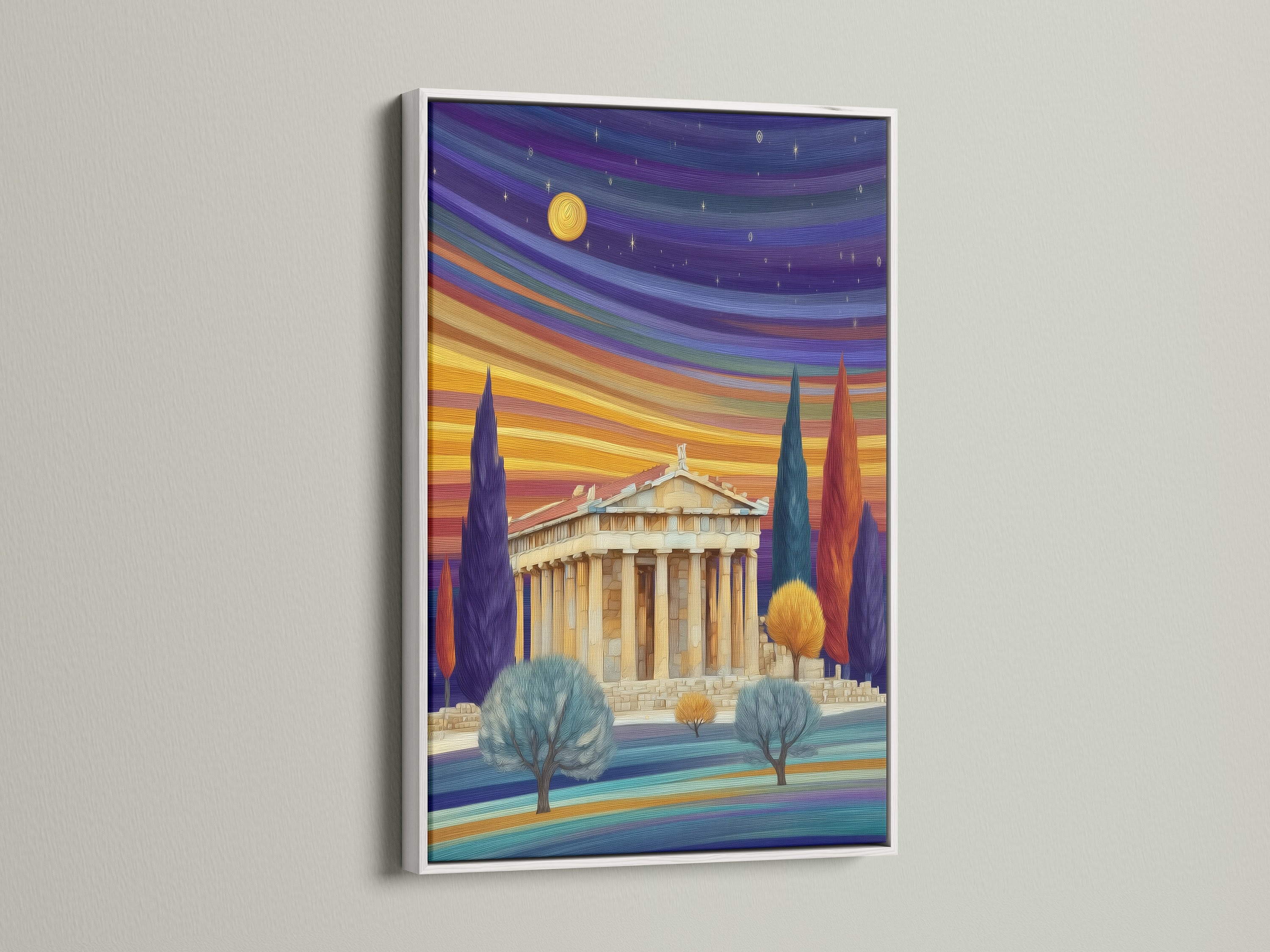 A white frame highlights a Parthenon artwork. This piece of temple canvas art adds historical charm to contemporary decor. The colorful landscape and Greek architecture make it a unique addition. Perfect for office wall decor.