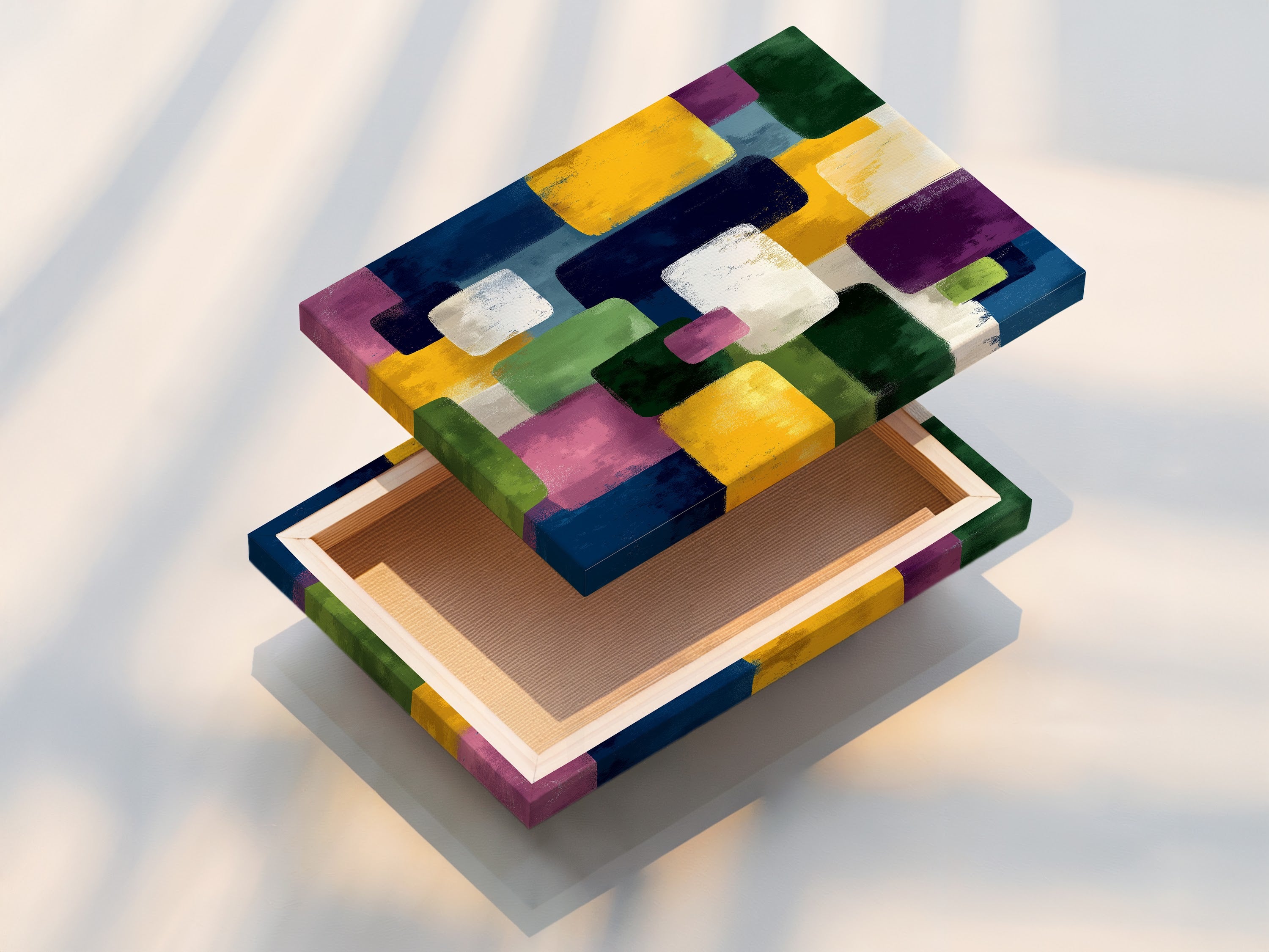 A stretched canvas print featuring abstract geometric artwork. The colorful blocks create a modern and contemporary look. Ideal for adding a vibrant touch to your living room bedroom or office with this art.