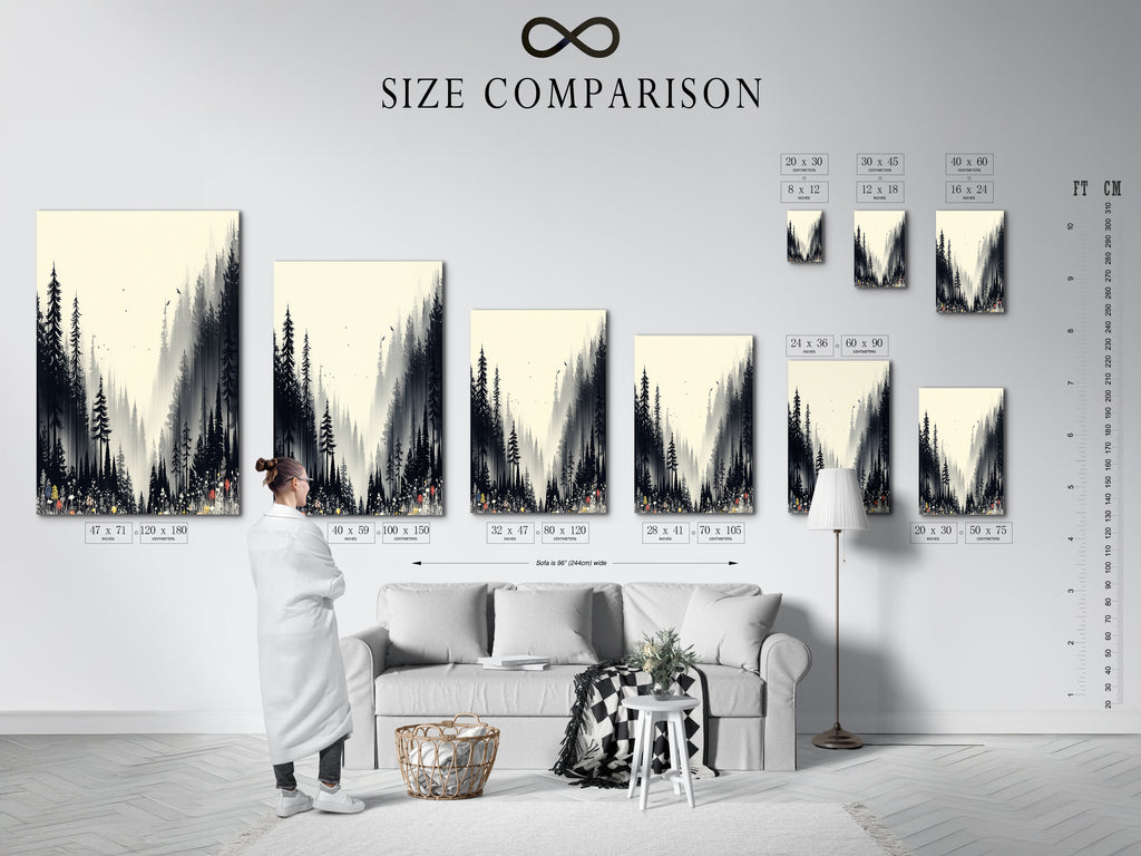 A size comparison chart for forest artwork in an interior setting. Visualize how different sizes fit your space. Choose the perfect nature print for your wall. Options include forest canvas prints and fine art posters. Find the ideal monochrome art for your home decor.