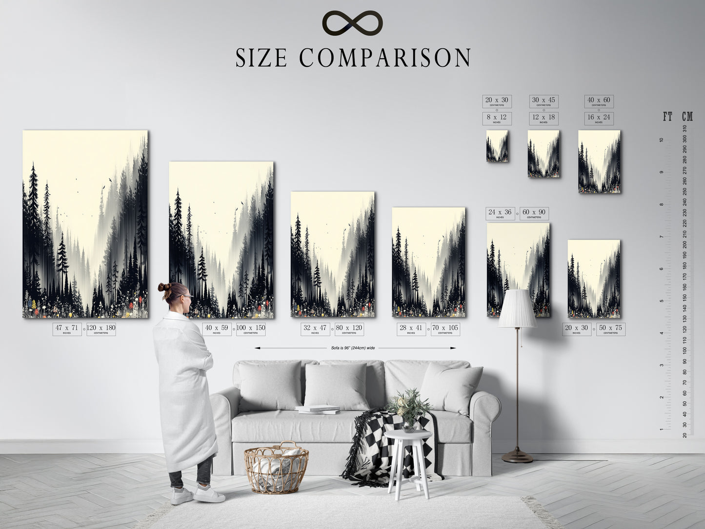 A size comparison chart for forest artwork in an interior setting. Visualize how different sizes fit your space. Choose the perfect nature print for your wall. Options include forest canvas prints and fine art posters. Find the ideal monochrome art for your home decor.