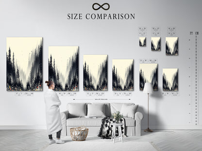 A size comparison chart for forest artwork in an interior setting. Visualize how different sizes fit your space. Choose the perfect nature print for your wall. Options include forest canvas prints and fine art posters. Find the ideal monochrome art for your home decor.