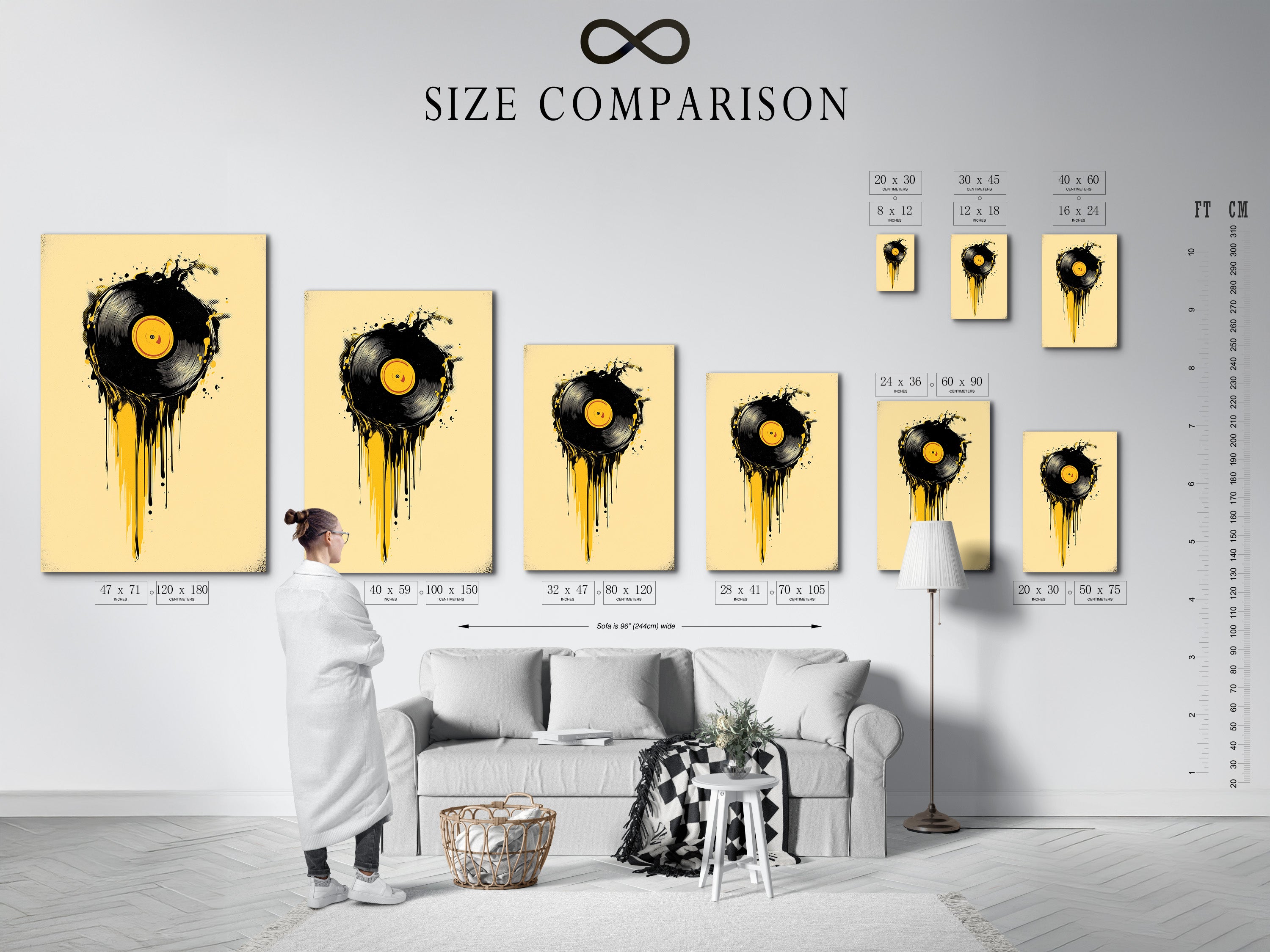 Size comparison chart of artwork in an interior setting. The size comparison chart helps visualize artwork dimensions. See how different sizes fit in a room. This chart assists in choosing the perfect piece. Find the ideal size for your space.