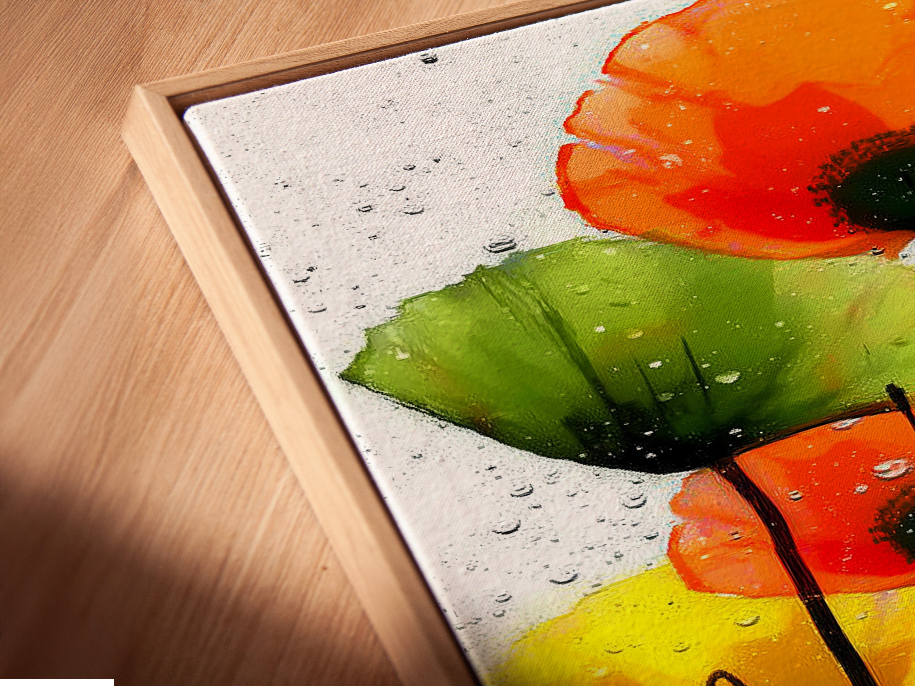 A close-up angled view reveals a canvas print in a floating frame. The modern floral wall art looks stunning in this contemporary setting. Ideal for adding a touch of elegance to any room. The abstract flower painting makes a statement.