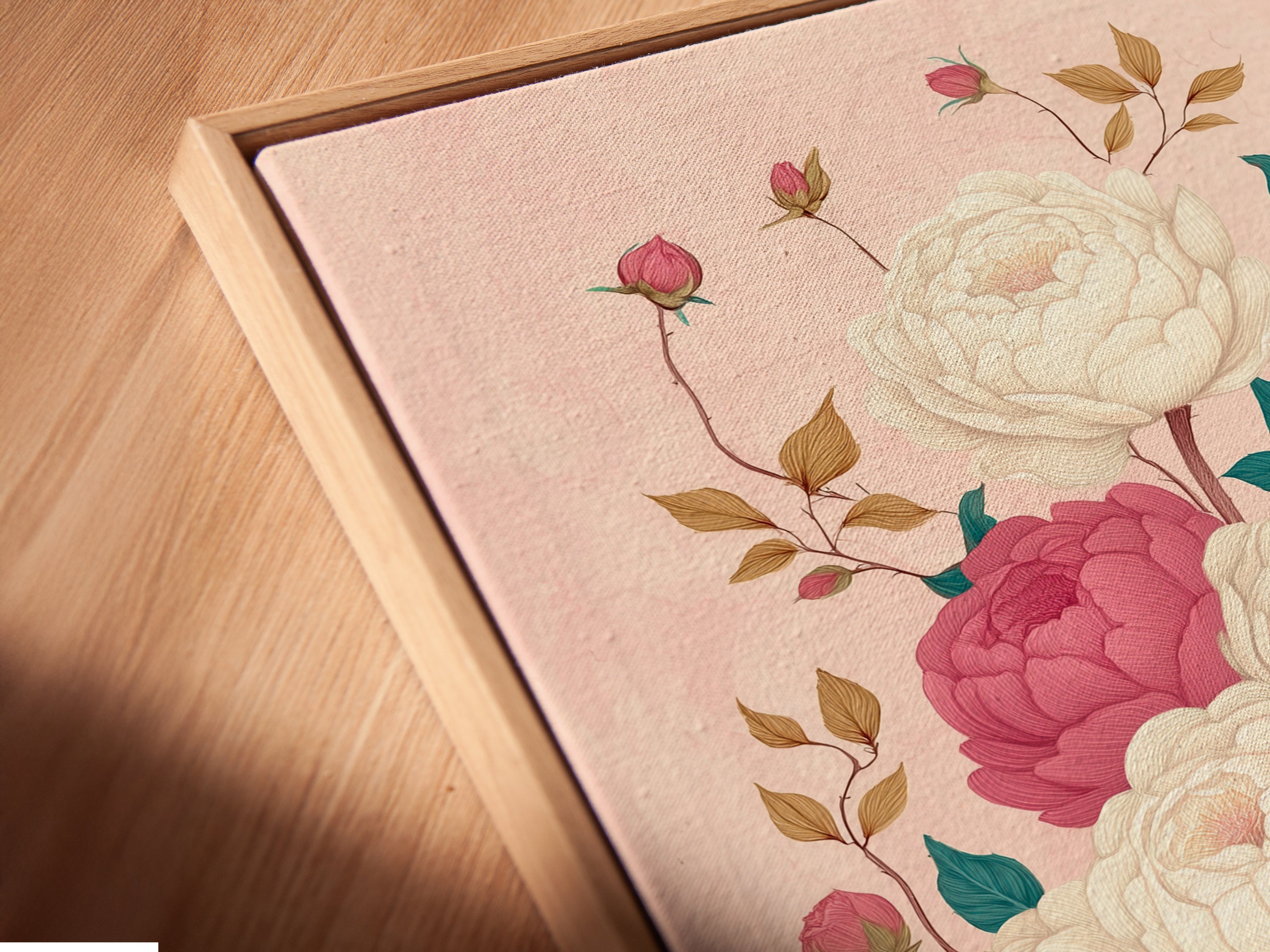 Angled close-up of a canvas print in a floating frame. The pink peony artwork adds a touch of botanical beauty. Explore our framed art options for your home decor. Discover the perfect piece for your space.