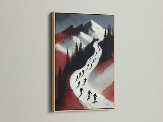 The ski mountain artwork is beautifully presented in an oak frame. This alpine skiing print adds a touch of winter sports to your decor. Perfect for a ski lodge or mountain themed space.