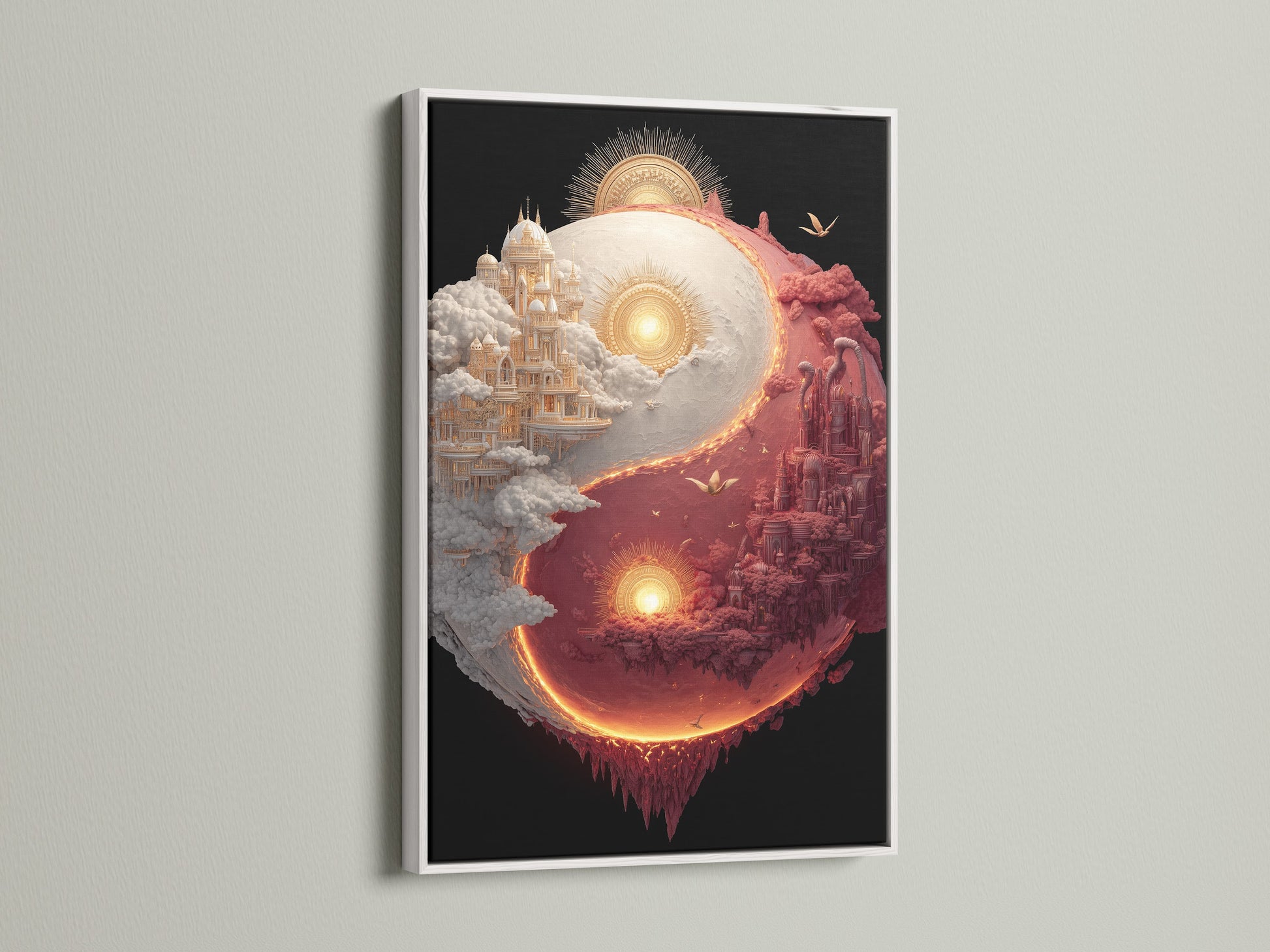 Yin and Yang art in a white frame. This balanced art piece features two castles. One is a white castle in the clouds. The other is a red castle on fiery earth. White frames offer a clean modern look.