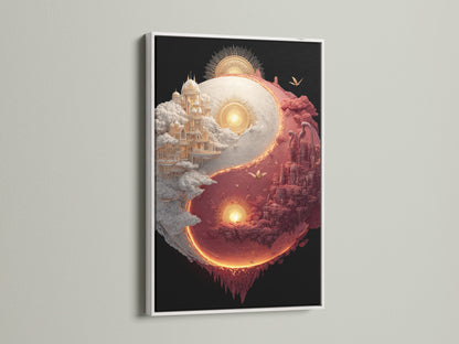 Yin and Yang art in a white frame. This balanced art piece features two castles. One is a white castle in the clouds. The other is a red castle on fiery earth. White frames offer a clean modern look.