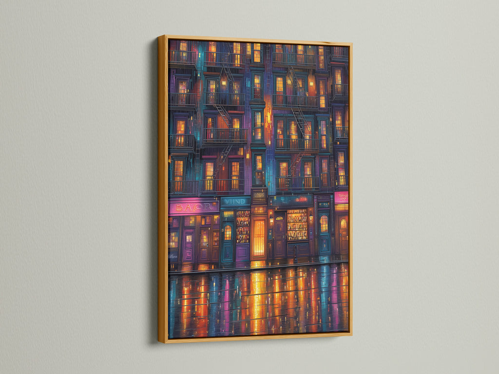Cityscape at Night artwork displayed in a gold frame. This cityscape art features a neon wall art. The modern city reflection is perfect for a luxurious room. A colorful artwork for a modern home.