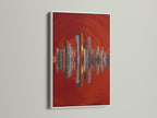 A white frame highlights a captivating city skyline artwork. The red abstract urban art adds a contemporary flair. This cityscape wall art enhances any modern setting. Ideal for architectural artwork or office wall decor.