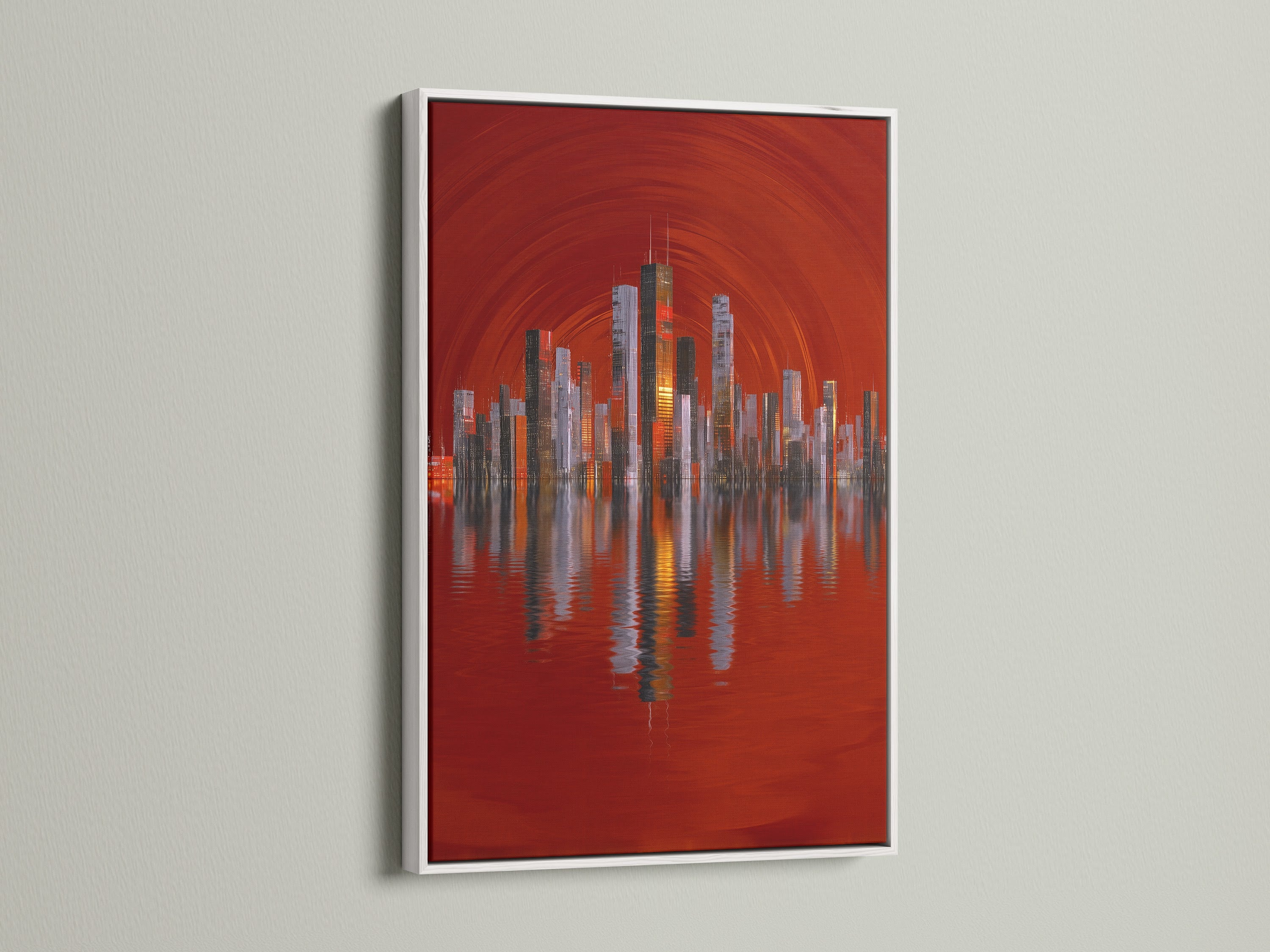 A white frame highlights a captivating city skyline artwork. The red abstract urban art adds a contemporary flair. This cityscape wall art enhances any modern setting. Ideal for architectural artwork or office wall decor.