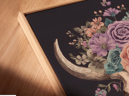 Close-up of a canvas print in a floating frame. The art print features intricate details and vibrant colors. The floating frame adds depth and dimension. The floating frame makes it a sophisticated piece of artwork. Perfect for modern interiors.