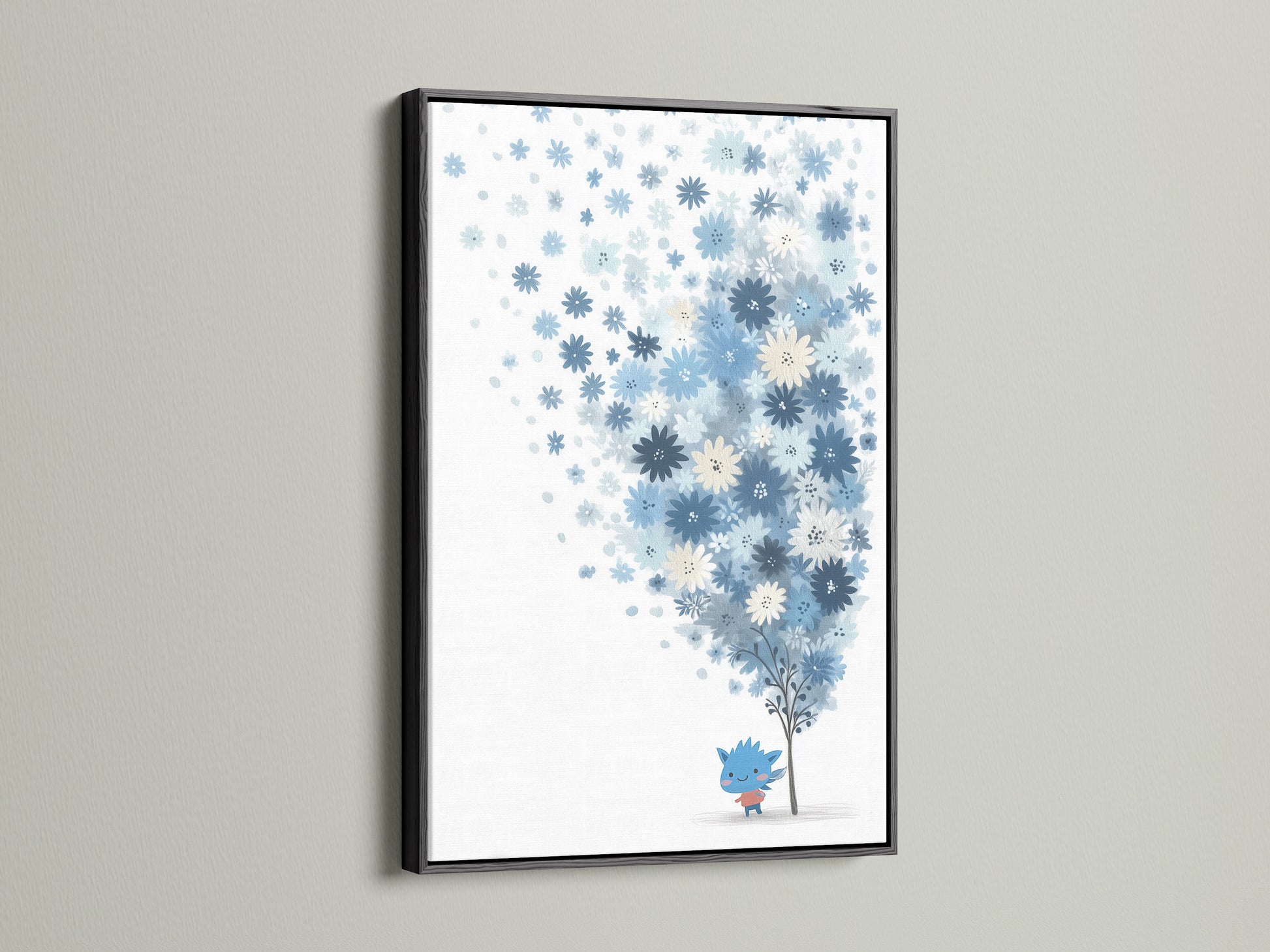 The blue floral canvas print is beautifully contrasted by a sleek black frame. This pairing makes the pastel botanical art pop. The whimsical flower tree art is a perfect addition to a modern nursery. It brings a touch of elegance and charm.