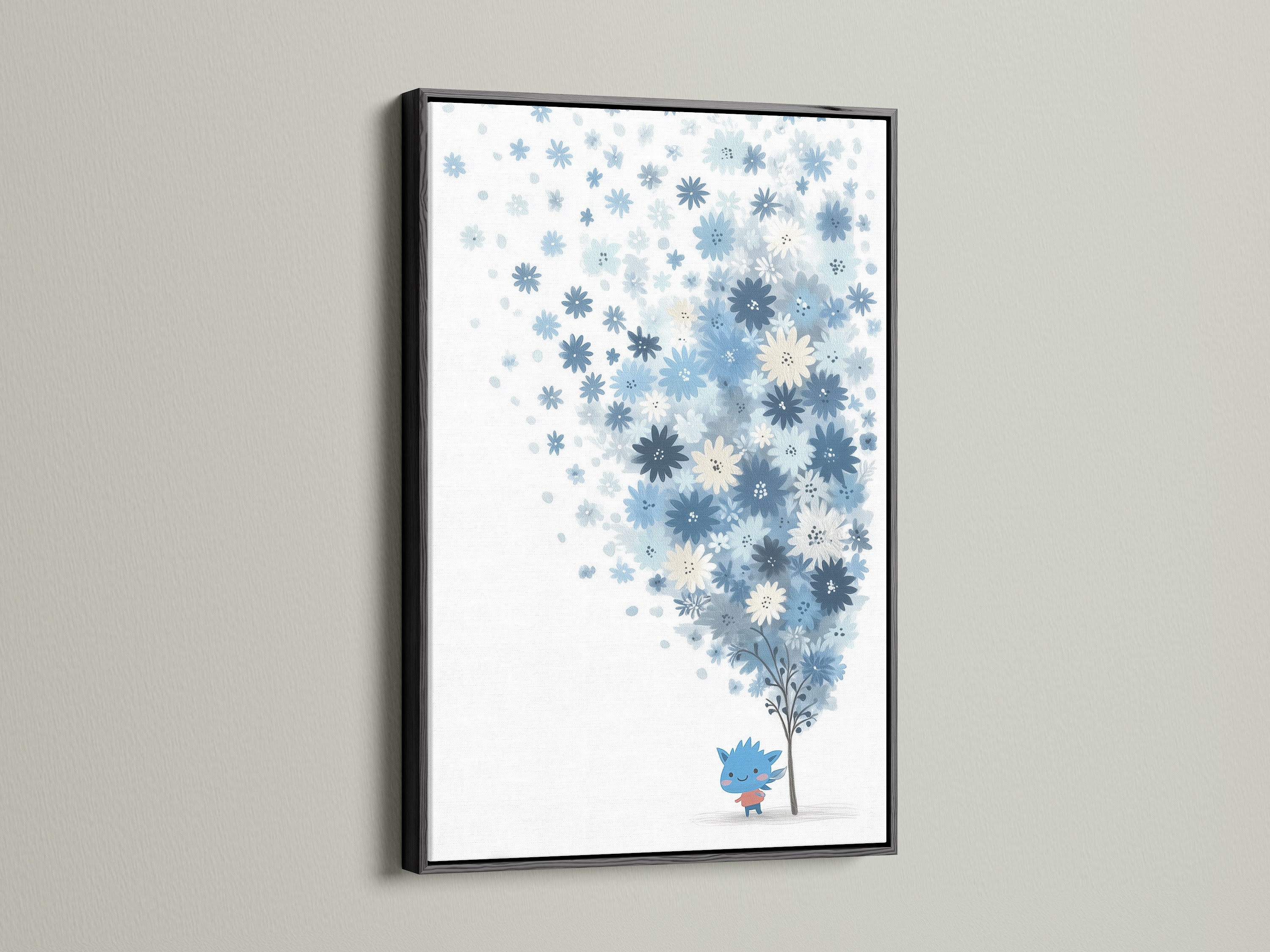 The blue floral canvas print is beautifully contrasted by a sleek black frame. This pairing makes the pastel botanical art pop. The whimsical flower tree art is a perfect addition to a modern nursery. It brings a touch of elegance and charm.