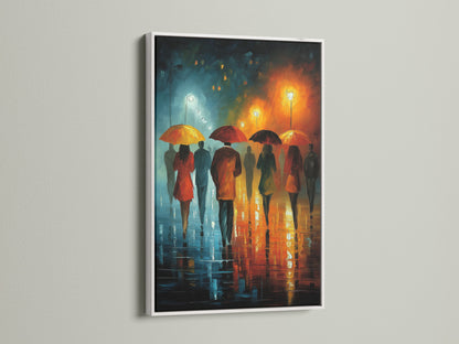 A white-framed artwork on a wall. This is a canvas print of a rainy city walk scene. The figures with umbrellas add a touch of urban style. Consider this modern artwork for your hallway or office wall art.