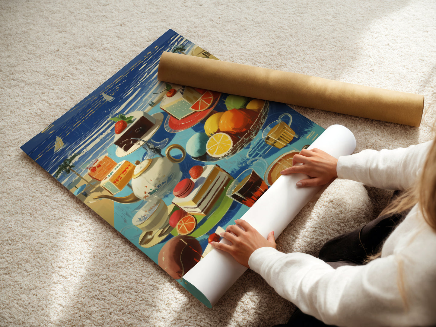 A woman rolls a fine art poster paper. The coastal still life artwork is ready for framing. The beach cafe scene is perfect for summer kitchen art. Get your seaside artwork today. It is perfect for coastal decor.