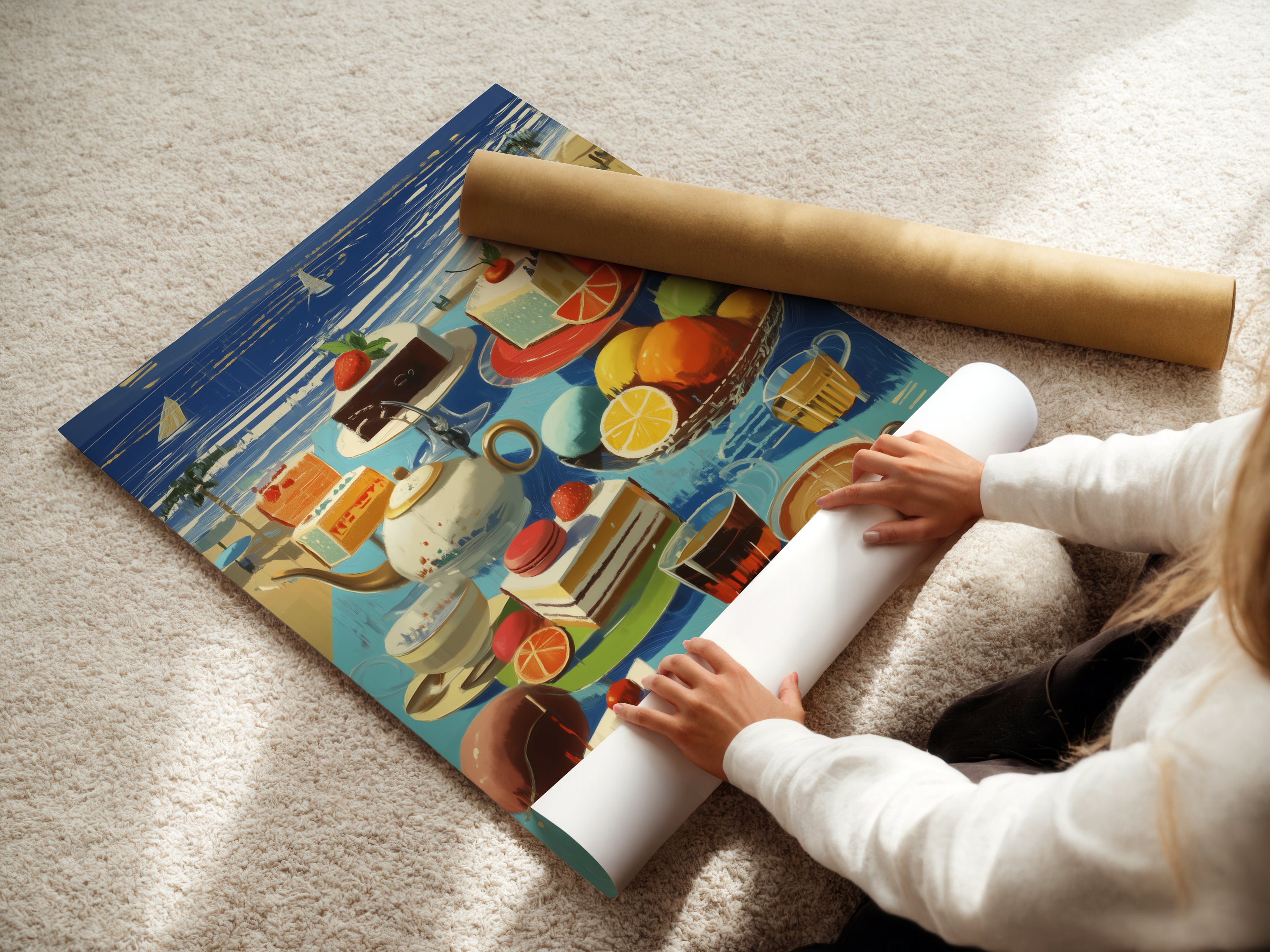 A woman rolls a fine art poster paper. The coastal still life artwork is ready for framing. The beach cafe scene is perfect for summer kitchen art. Get your seaside artwork today. It is perfect for coastal decor.