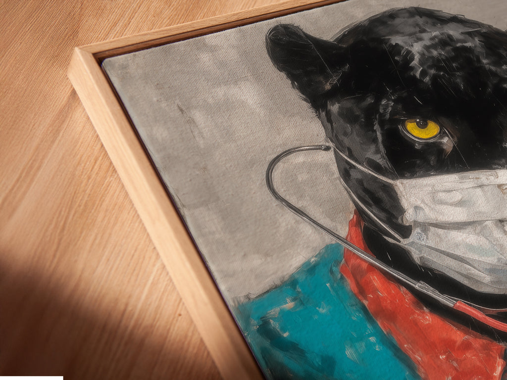 An angled close up shows a canvas print in a floating frame. The Panther Doctor artwork adds a modern touch. Perfect as veterinarian art or medical office art for a contemporary look.