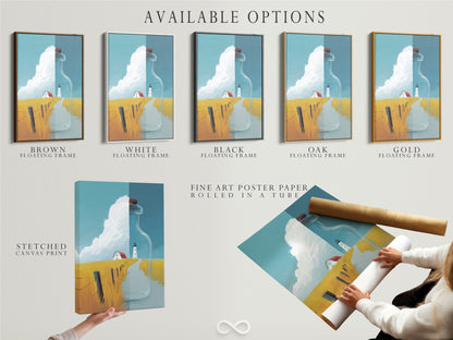 Available options for the Coastal Lighthouse artwork are displayed. Choose from a stretched canvas print fine art poster paper or floating frame. Perfect for customizing your artwork to match your personal style and home decor.
