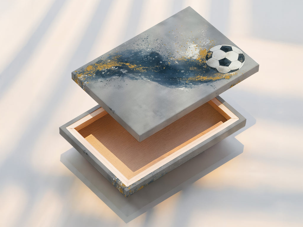 A stretched canvas print displays the soccer artwork. The blue and gold abstract design brings energy to any room. The stretched canvas provides a gallery ready look. Perfect for adding a sports theme to your decor. This artwork is ready to hang and enjoy.