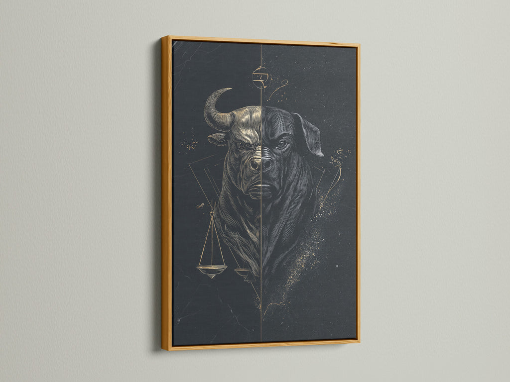 Add a touch of elegance to your space with the Bull Justice art print. This scales of justice canvas print is shown in a luxurious gold frame. Perfect for elevating your legal office or home decor. Shop now and add shine.