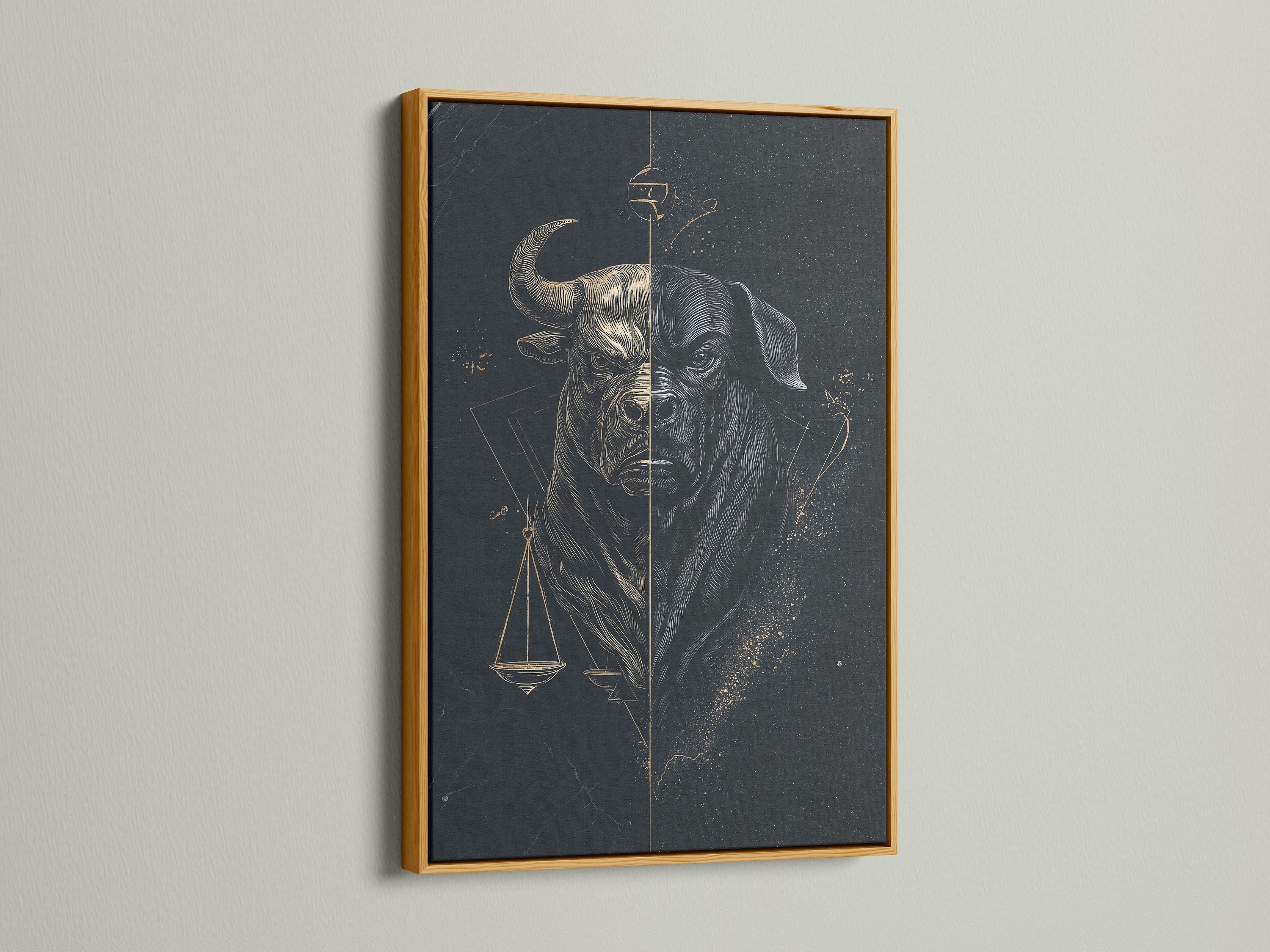 Add a touch of elegance to your space with the Bull Justice art print. This scales of justice canvas print is shown in a luxurious gold frame. Perfect for elevating your legal office or home decor. Shop now and add shine.