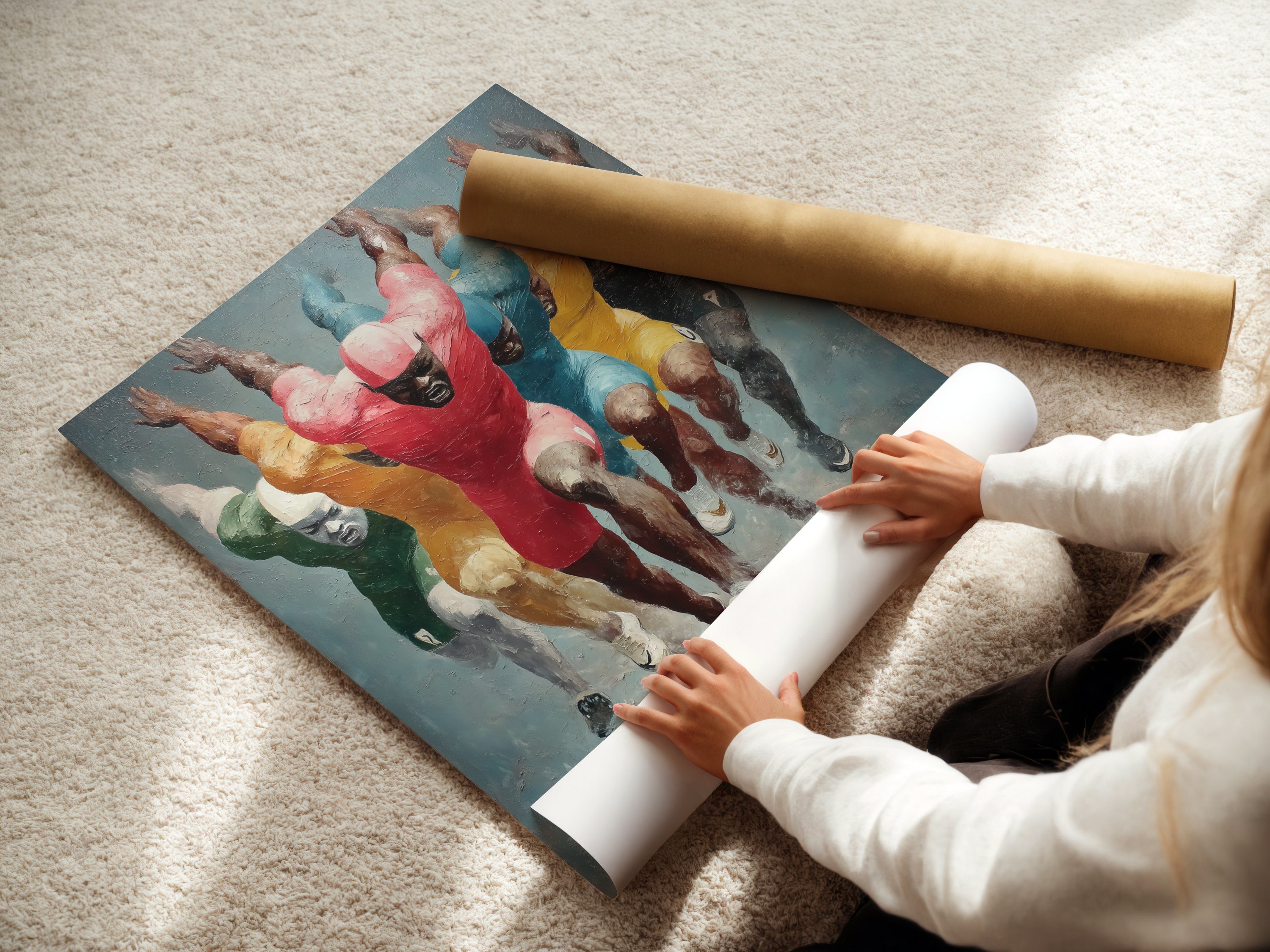 A woman is carefully rolling a fine art poster paper. This highlights the care and quality of the product. Fine art posters offer a versatile and affordable art solution. Perfect for adding a touch of elegance to any space. The poster paper ensures vibrant colors and lasting beauty.