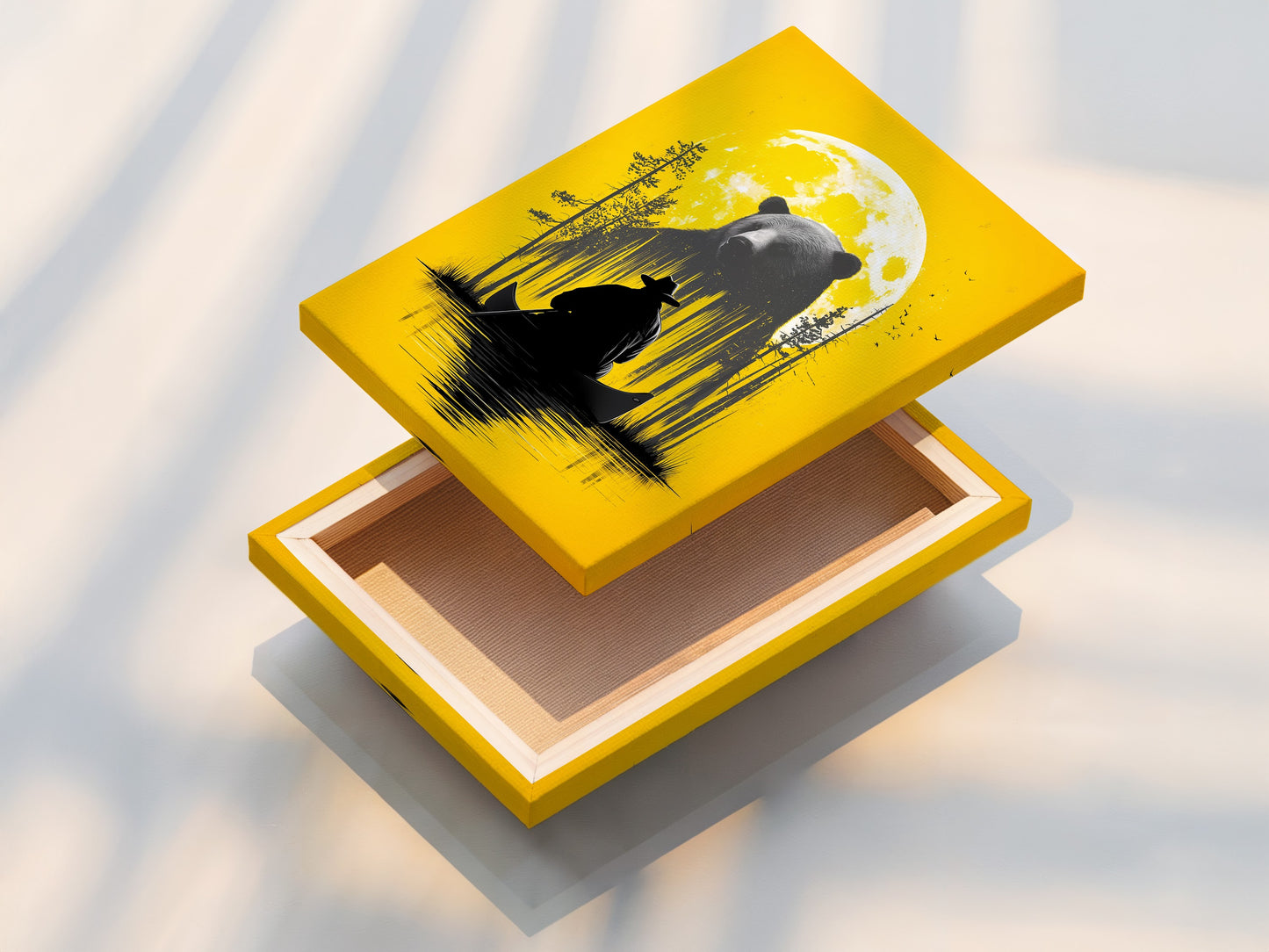 A stretched canvas print of the Bear and Canoe artwork is shown. The canvas print offers a gallery-wrapped look. No frame is needed. This artwork is ready to hang. The stretched canvas provides a durable and vibrant display. It is perfect for adding a focal point to any room.