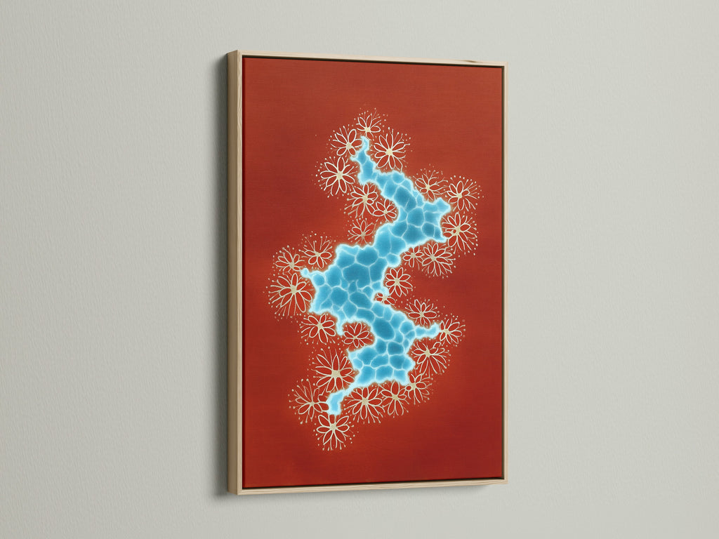 Abstract River artwork with a terracotta and blue color palette. The artwork is displayed in an oak frame. This modern botanical artwork adds a touch of nature and sophistication to any space. Ideal for bedroom wall decor.