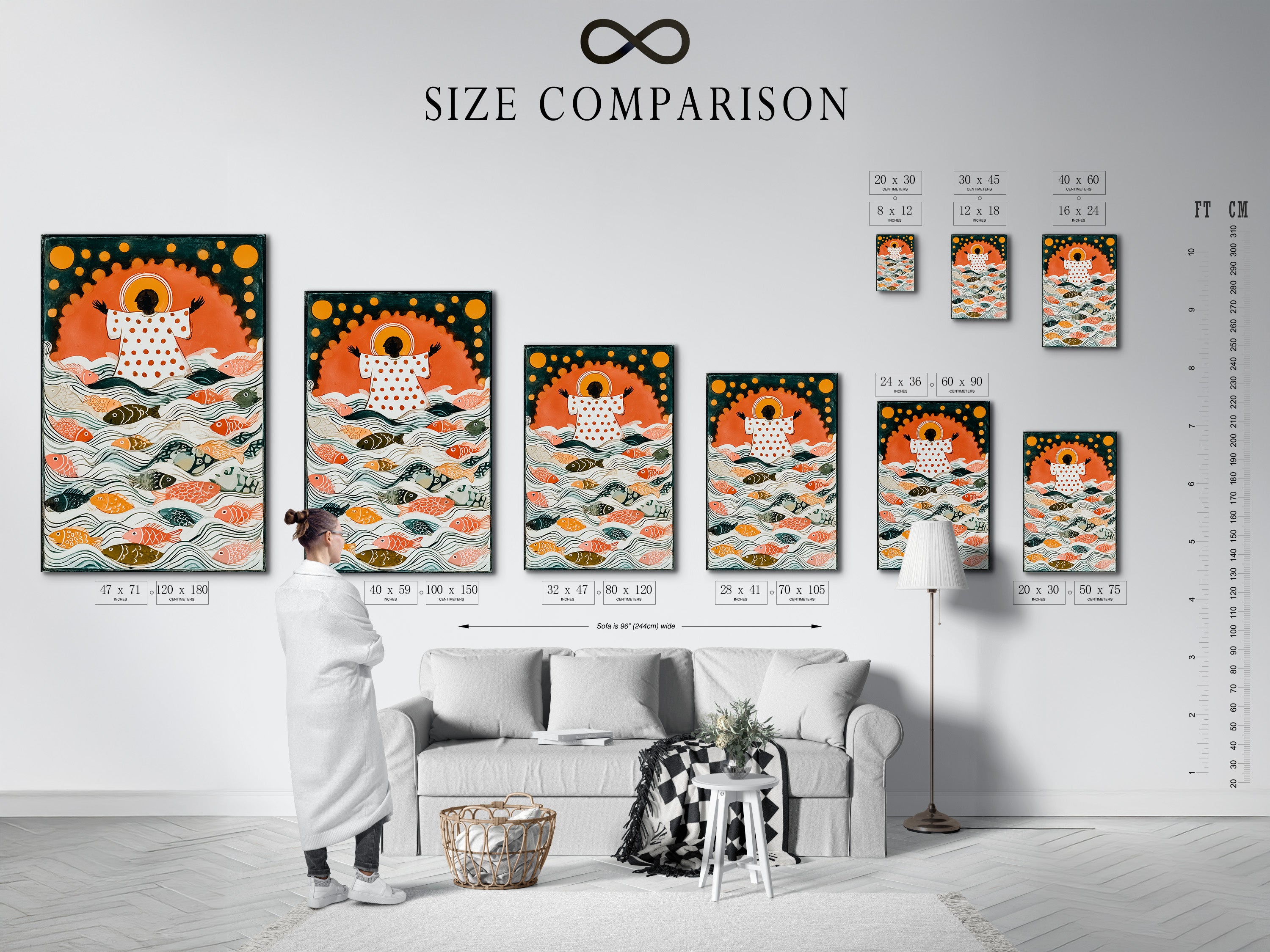 A size comparison chart is displayed in a home interior. Easily visualize artwork sizes in your living space. See how different sizes fit on your wall. The chart helps you make the right choice. Find the perfect size for your art. Make informed decisions.