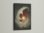 Celestial Vortex abstract galaxy wall art is displayed in a black frame. The moody tones are ideal for study room decor. This abstract canvas is great as library wall art. It is a unique piece of cosmic artwork.