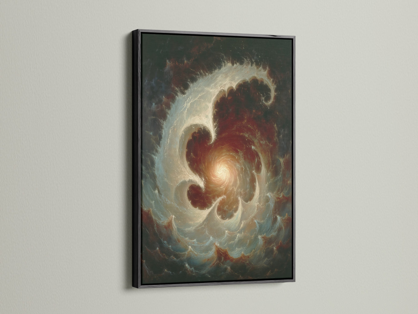 Celestial Vortex abstract galaxy wall art is displayed in a black frame. The moody tones are ideal for study room decor. This abstract canvas is great as library wall art. It is a unique piece of cosmic artwork.